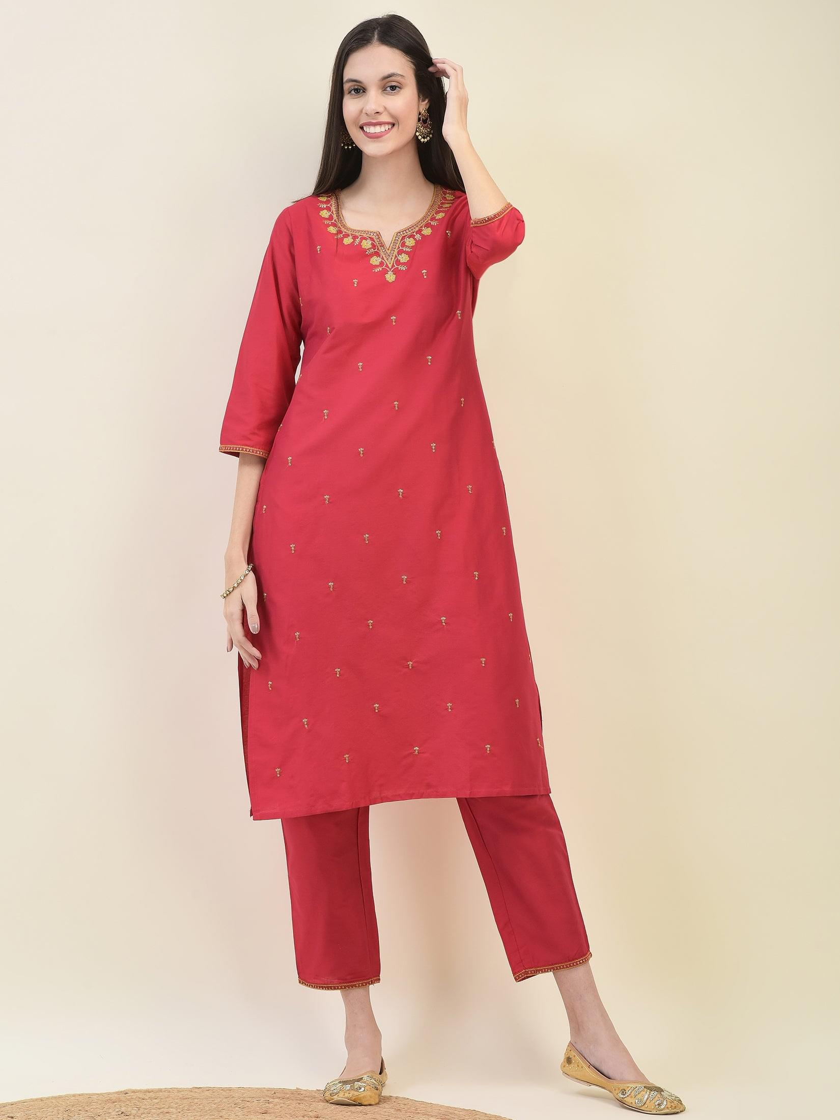 Women Silk Blend Red Embroidered Kurta Trouser Dupatta.