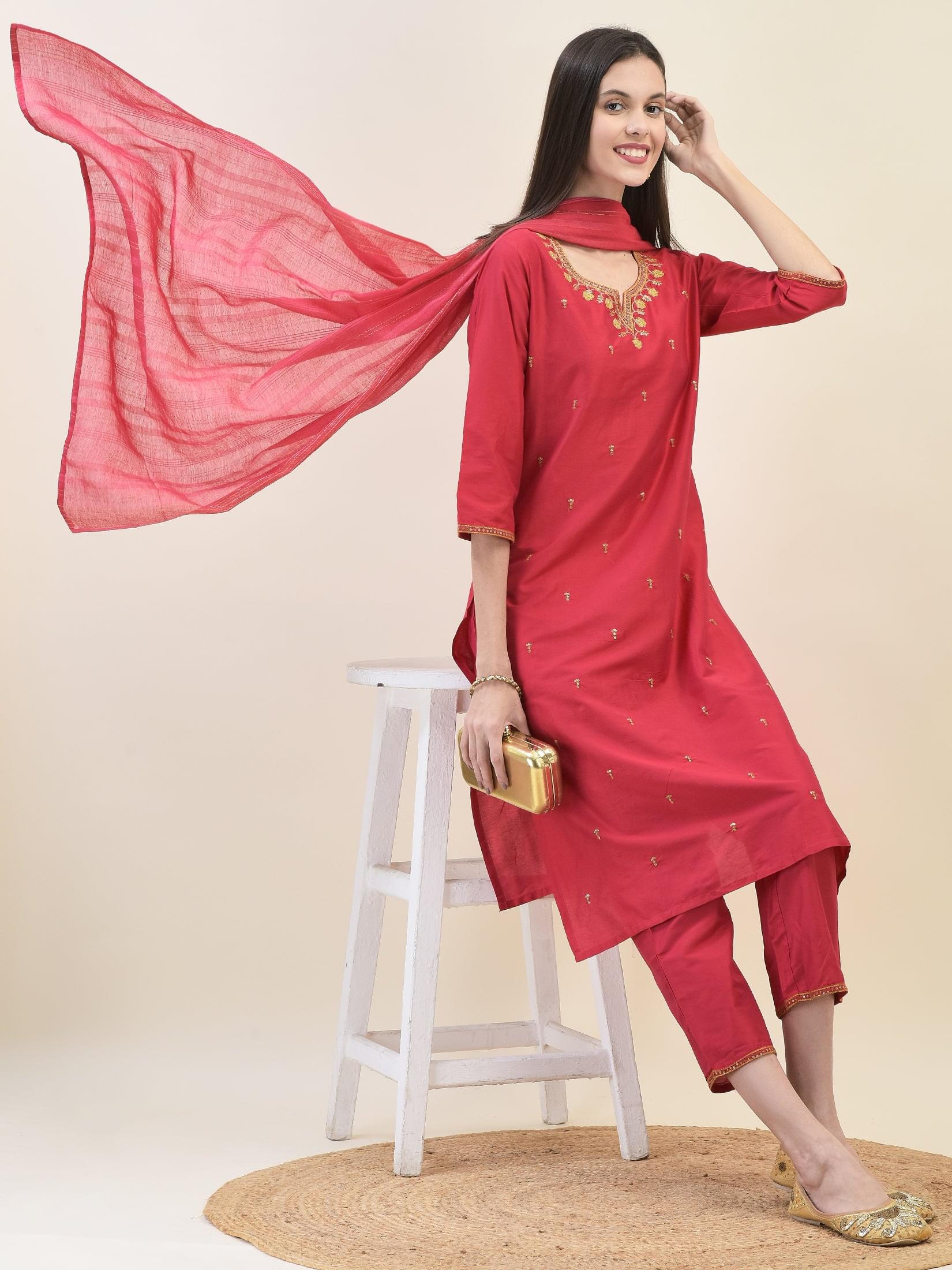 Women Silk Blend Red Embroidered Kurta Trouser Dupatta.