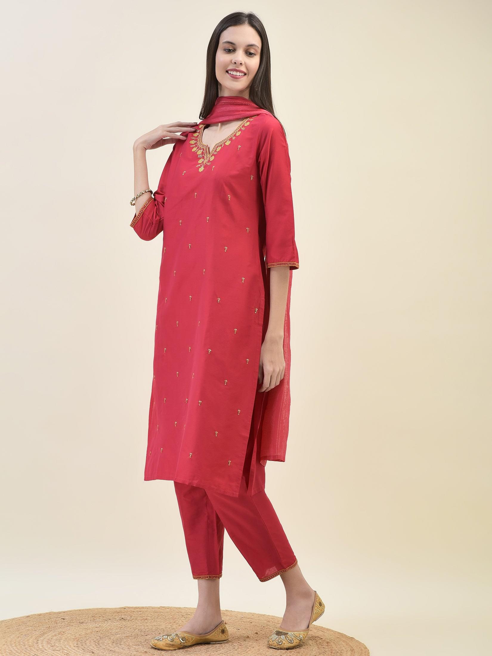 Women Silk Blend Red Embroidered Kurta Trouser Dupatta.