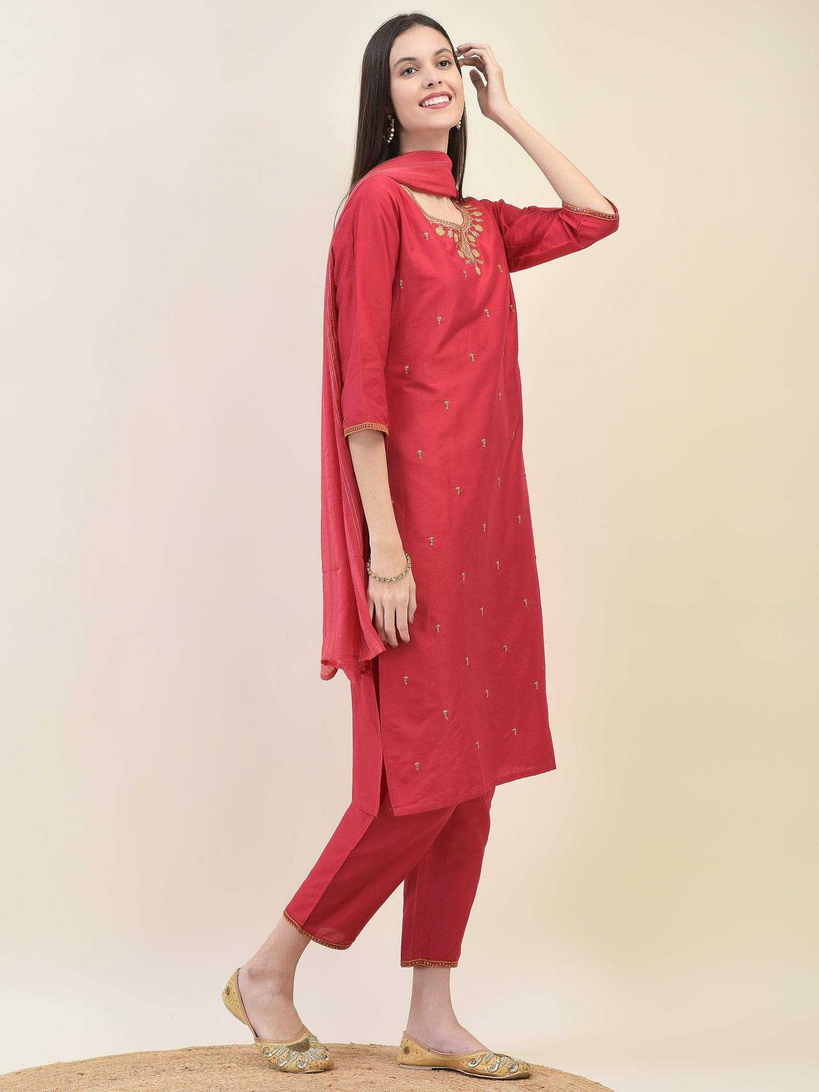 Women Silk Blend Red Embroidered Kurta Trouser Dupatta.