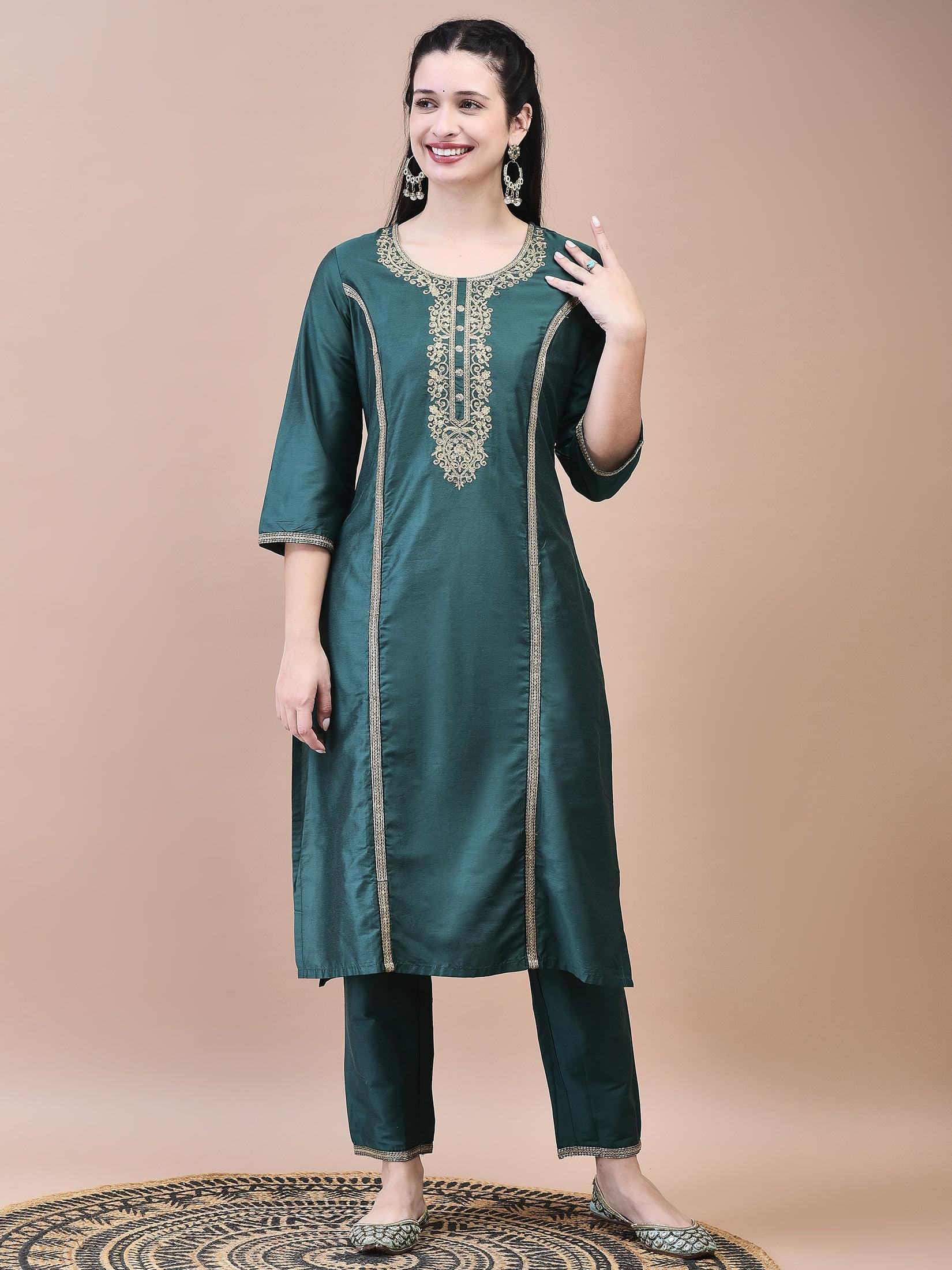 Women Silk Blend Green Embroidered Kurta Trouser Dupatta.
