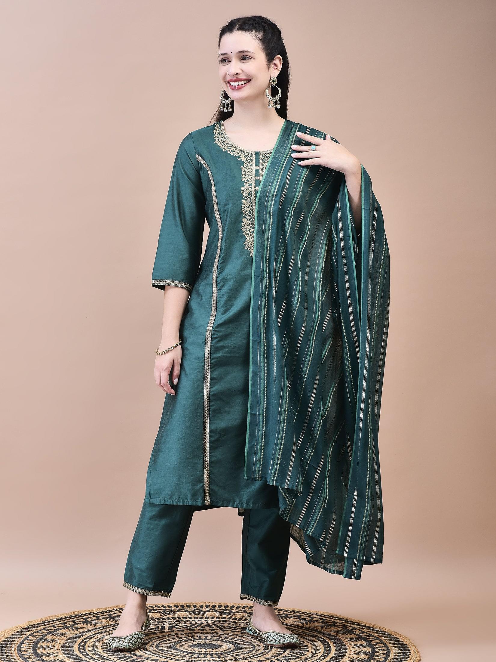 Women Silk Blend Green Embroidered Kurta Trouser Dupatta.