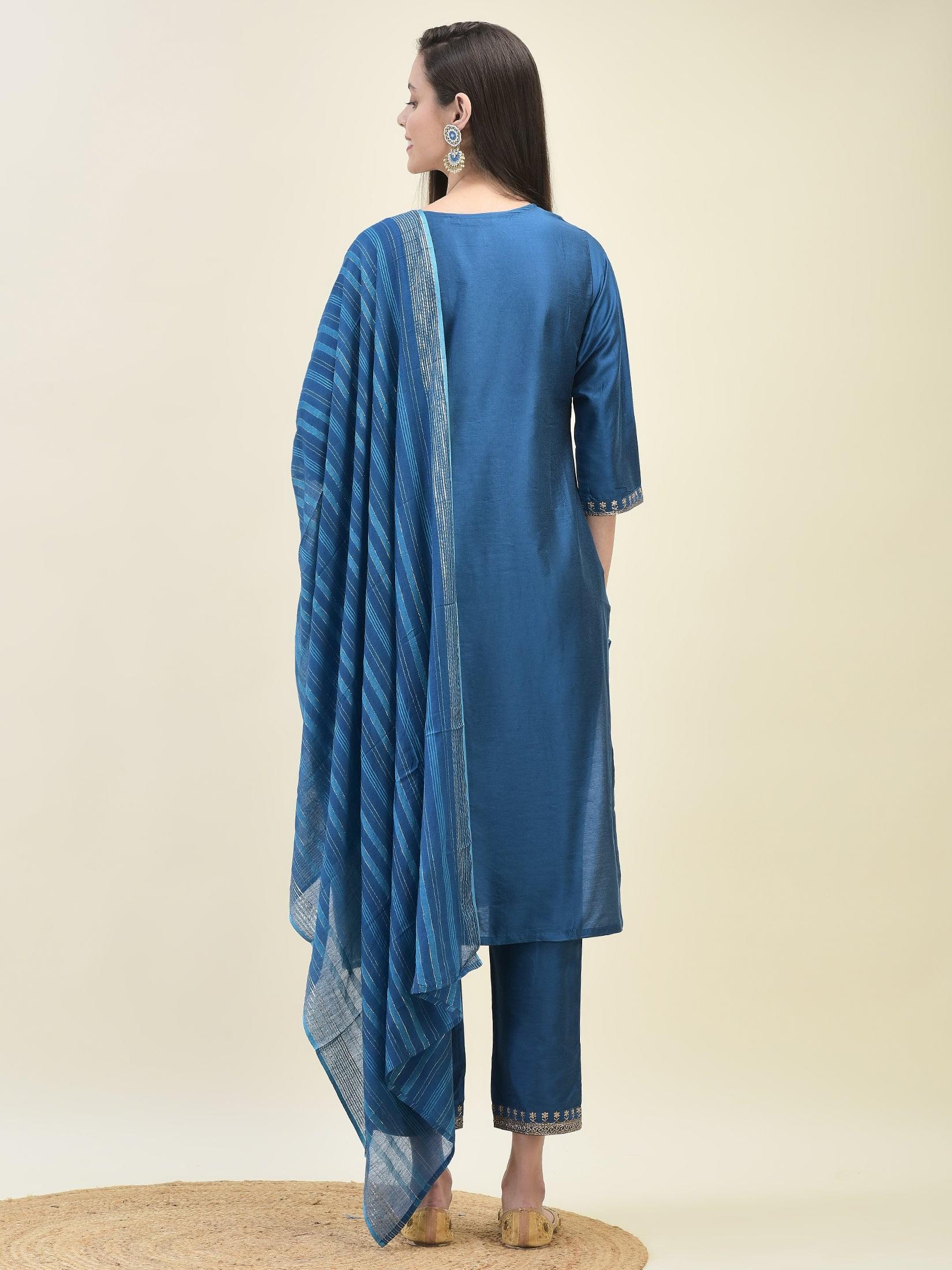 Women Silk Blend Blue Embroidered Kurta Trouser Dupatta.