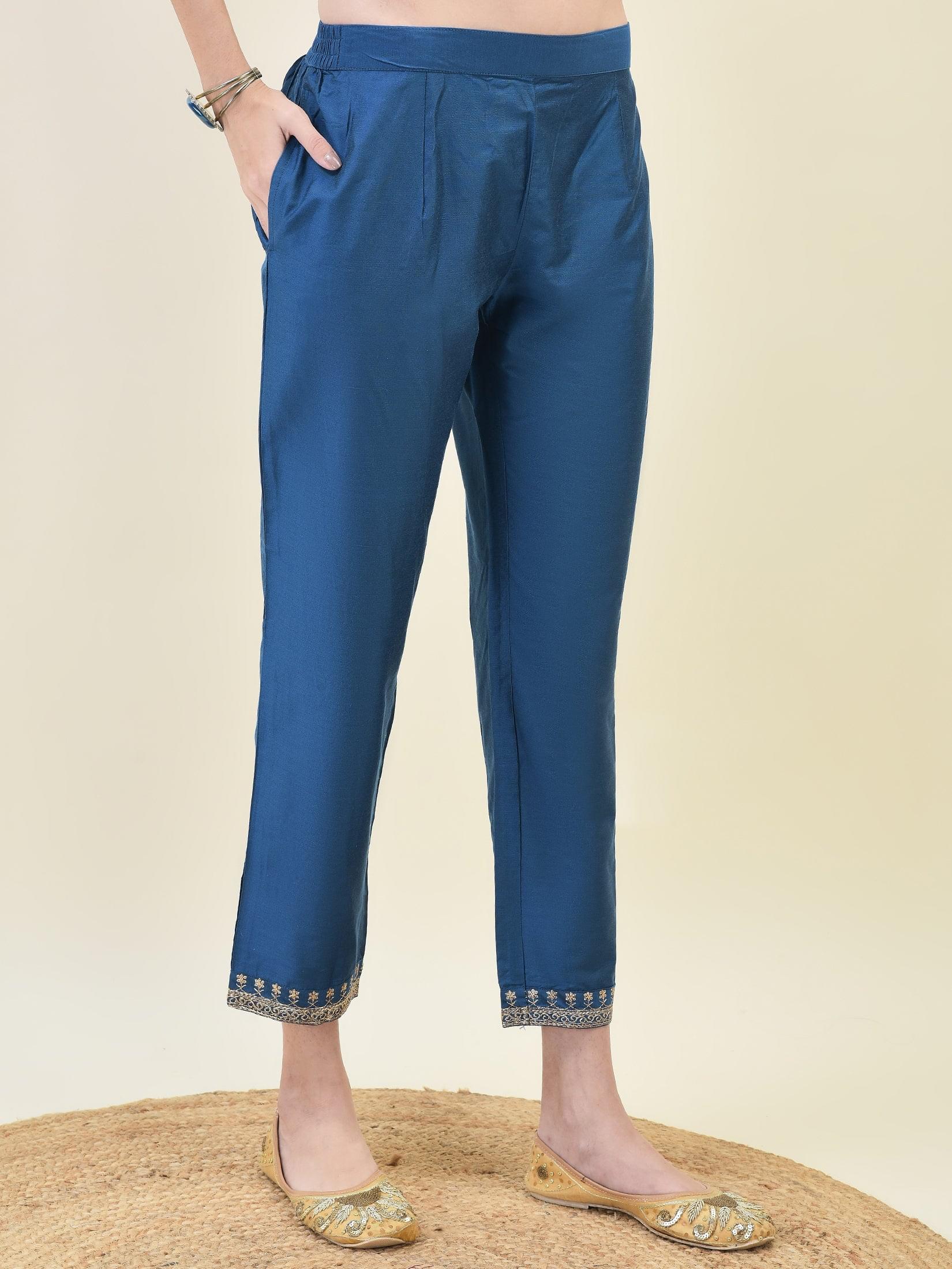 Women Silk Blend Blue Embroidered Kurta Trouser Dupatta.
