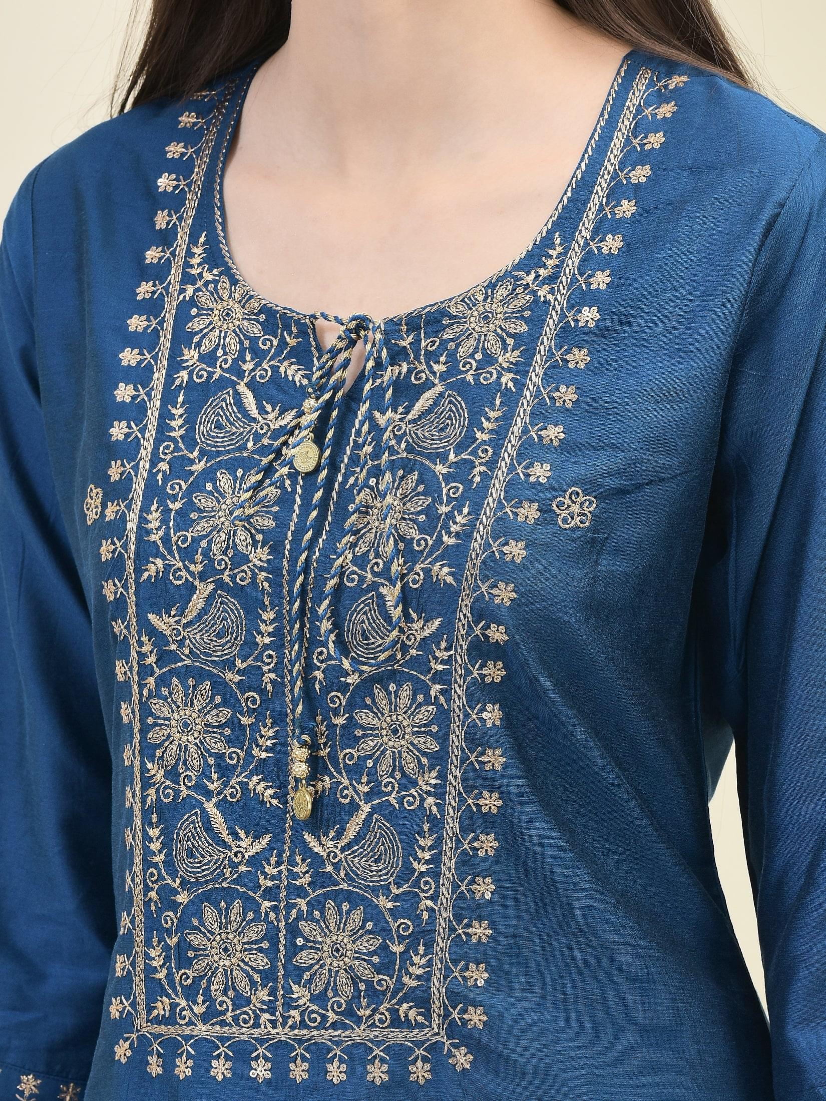 Women Silk Blend Blue Embroidered Kurta Trouser Dupatta.