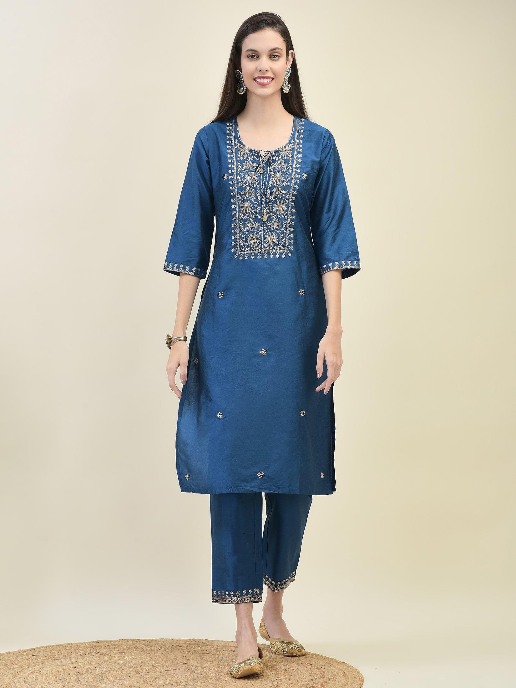 Women Silk Blend Blue Embroidered Kurta Trouser Dupatta.