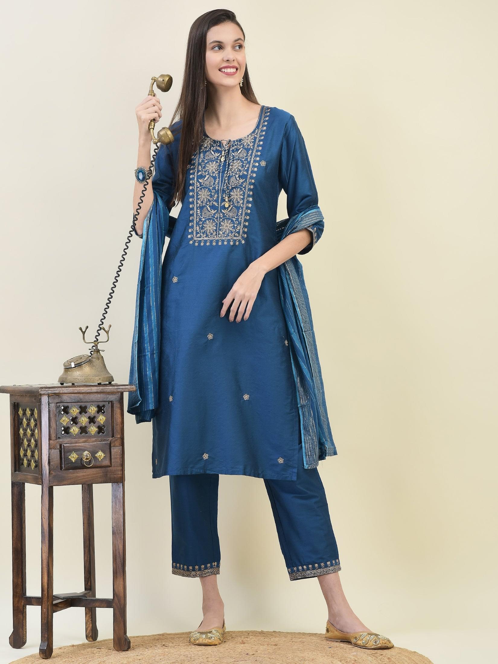Women Silk Blend Blue Embroidered Kurta Trouser Dupatta.
