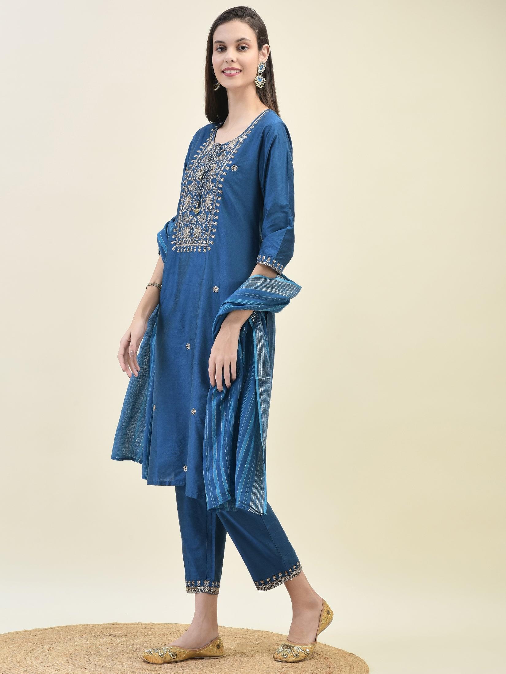 Women Silk Blend Blue Embroidered Kurta Trouser Dupatta.