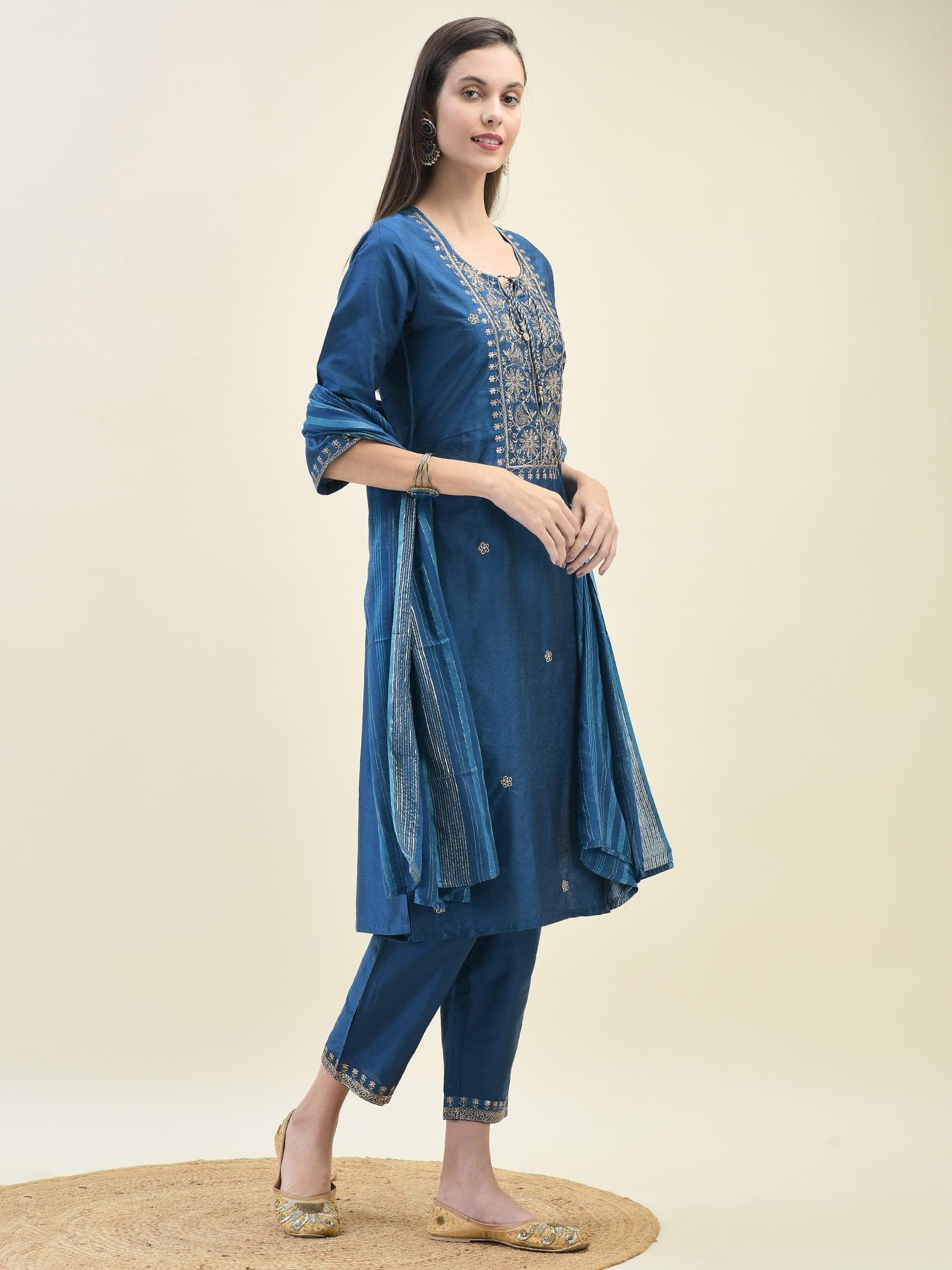 Women Silk Blend Blue Embroidered Kurta Trouser Dupatta.