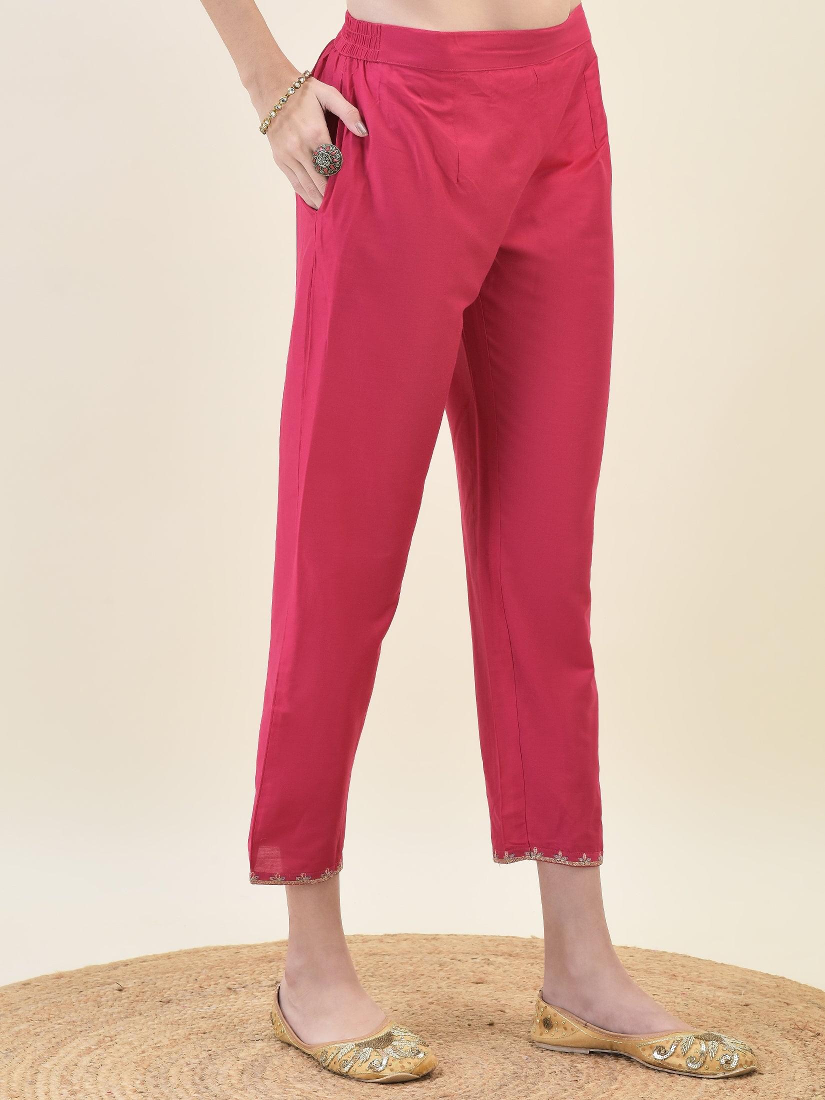 Women Silk Blend Fuchsia Embroidered Kurta Trouser Dupatta.