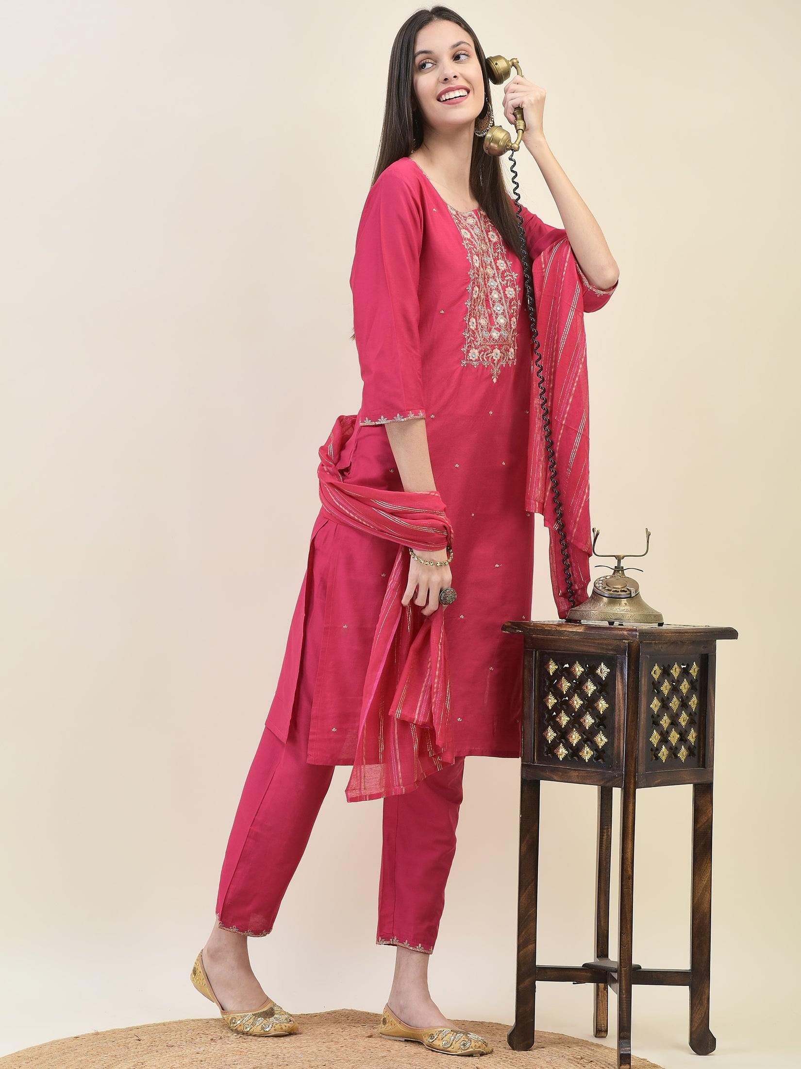 Women Silk Blend Fuchsia Embroidered Kurta Trouser Dupatta.