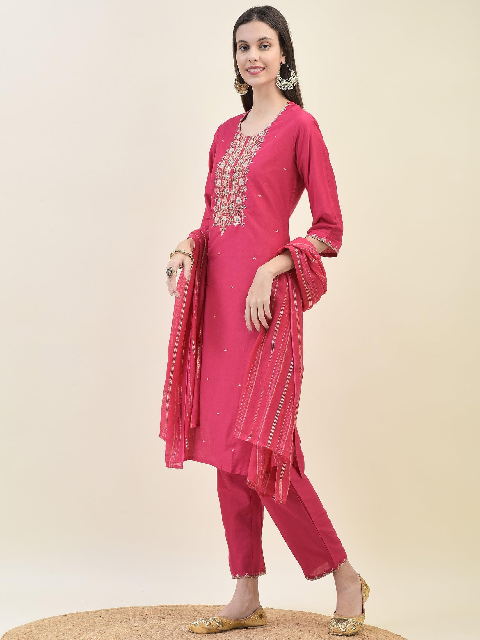 Women Silk Blend Fuchsia Embroidered Kurta Trouser Dupatta.