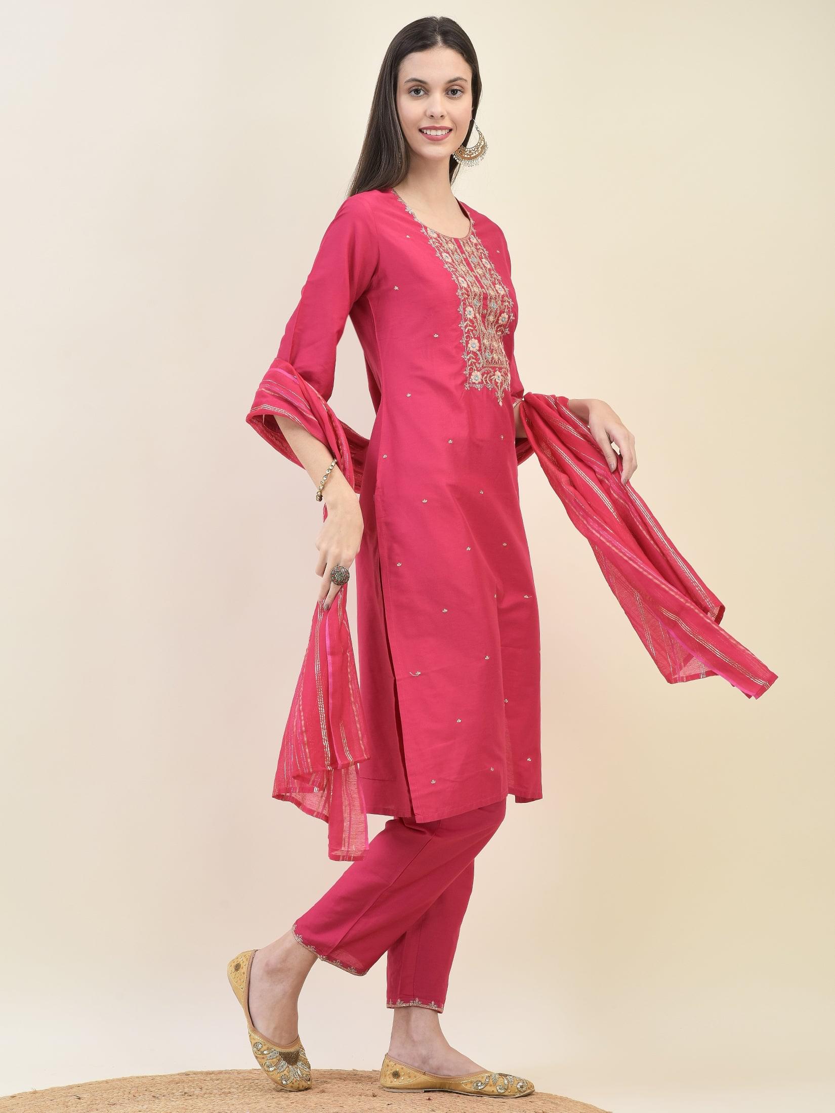Women Silk Blend Fuchsia Embroidered Kurta Trouser Dupatta.
