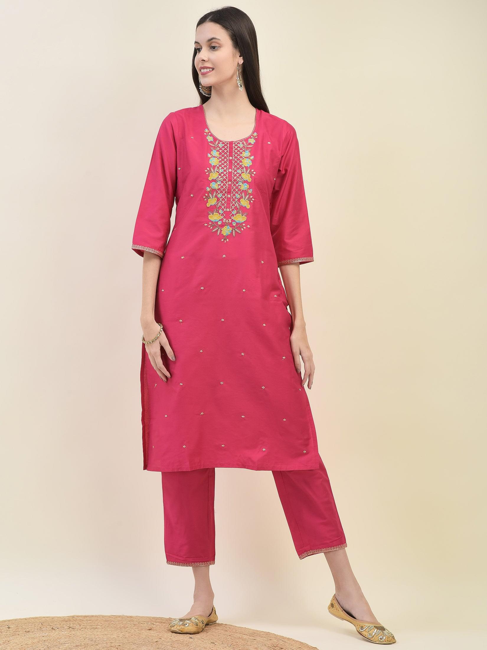 Women Silk Blend Fuchsia Kurta Trouser Dupatta.