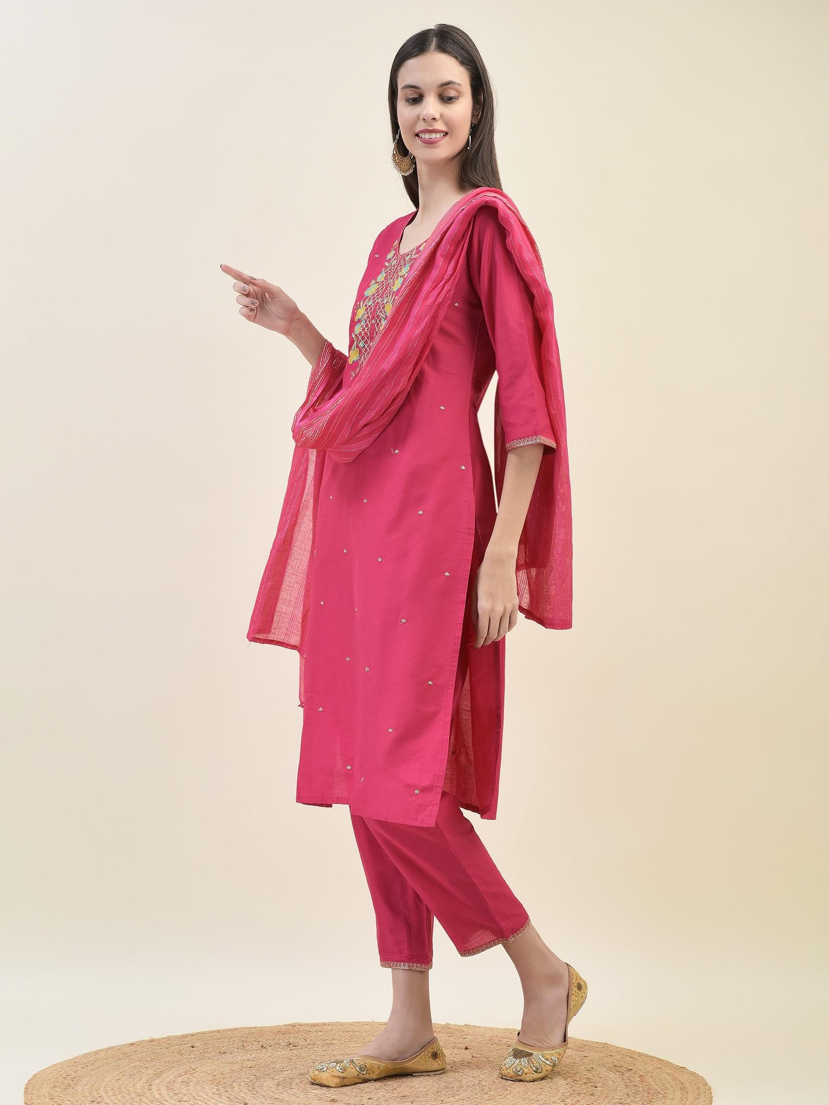 Women Silk Blend Fuchsia Kurta Trouser Dupatta.