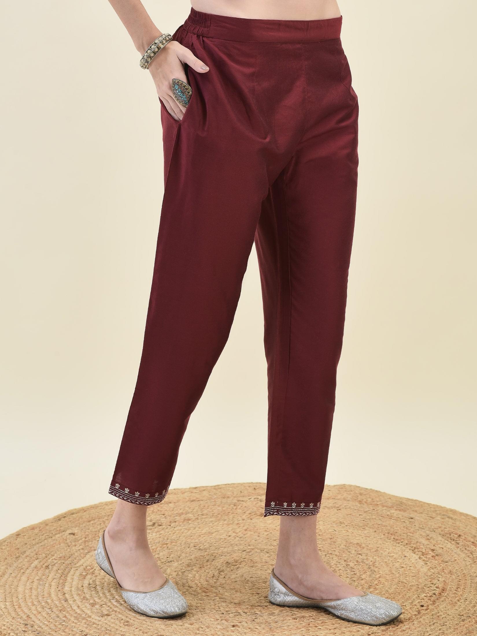 Women Silk Blend Maroon Embroidered Kurta Trouser Dupatta.