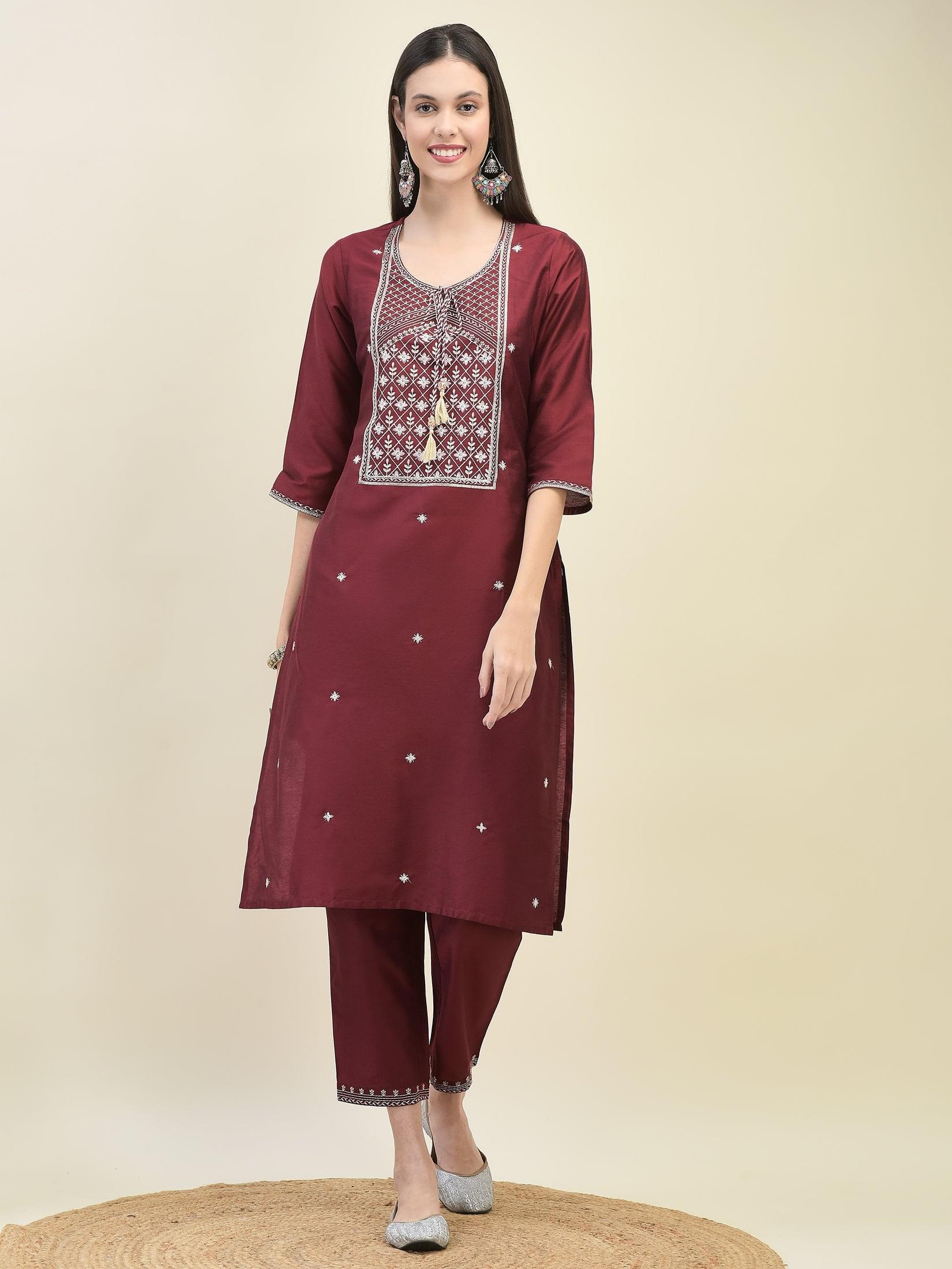 Women Silk Blend Maroon Embroidered Kurta Trouser Dupatta.