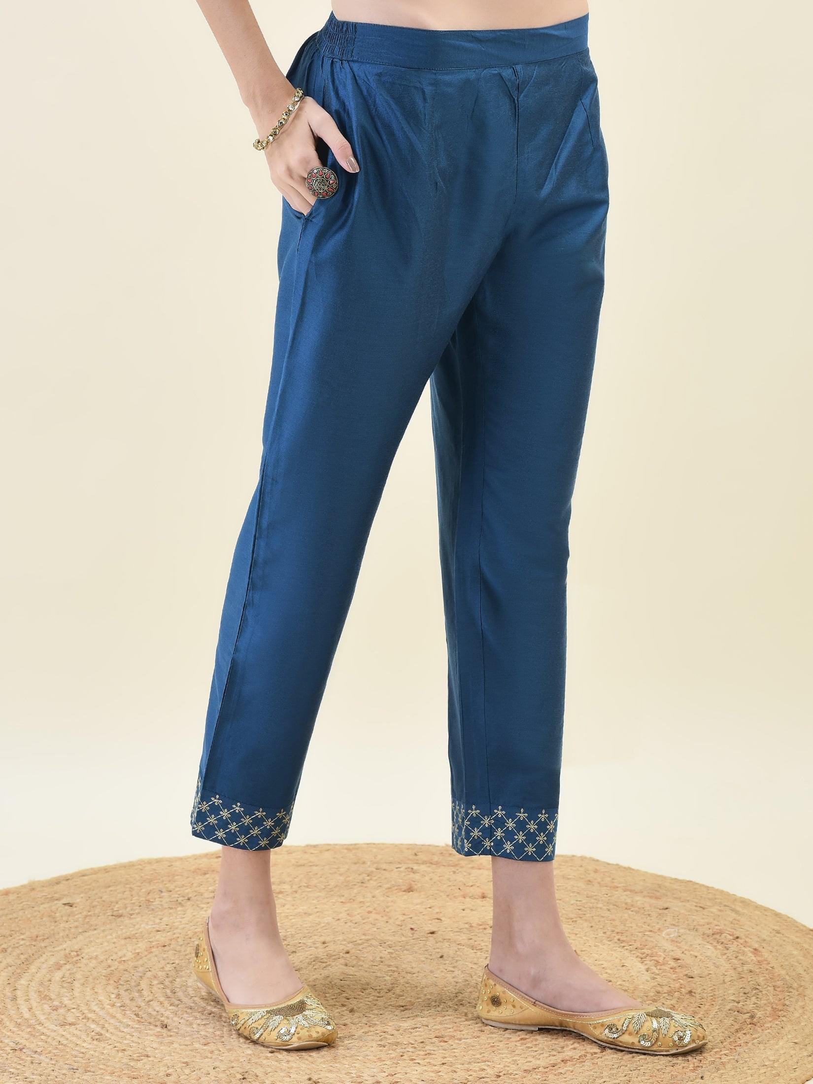 Women Silk Blend Blue Embroidered Kurta Trouser Dupatta.