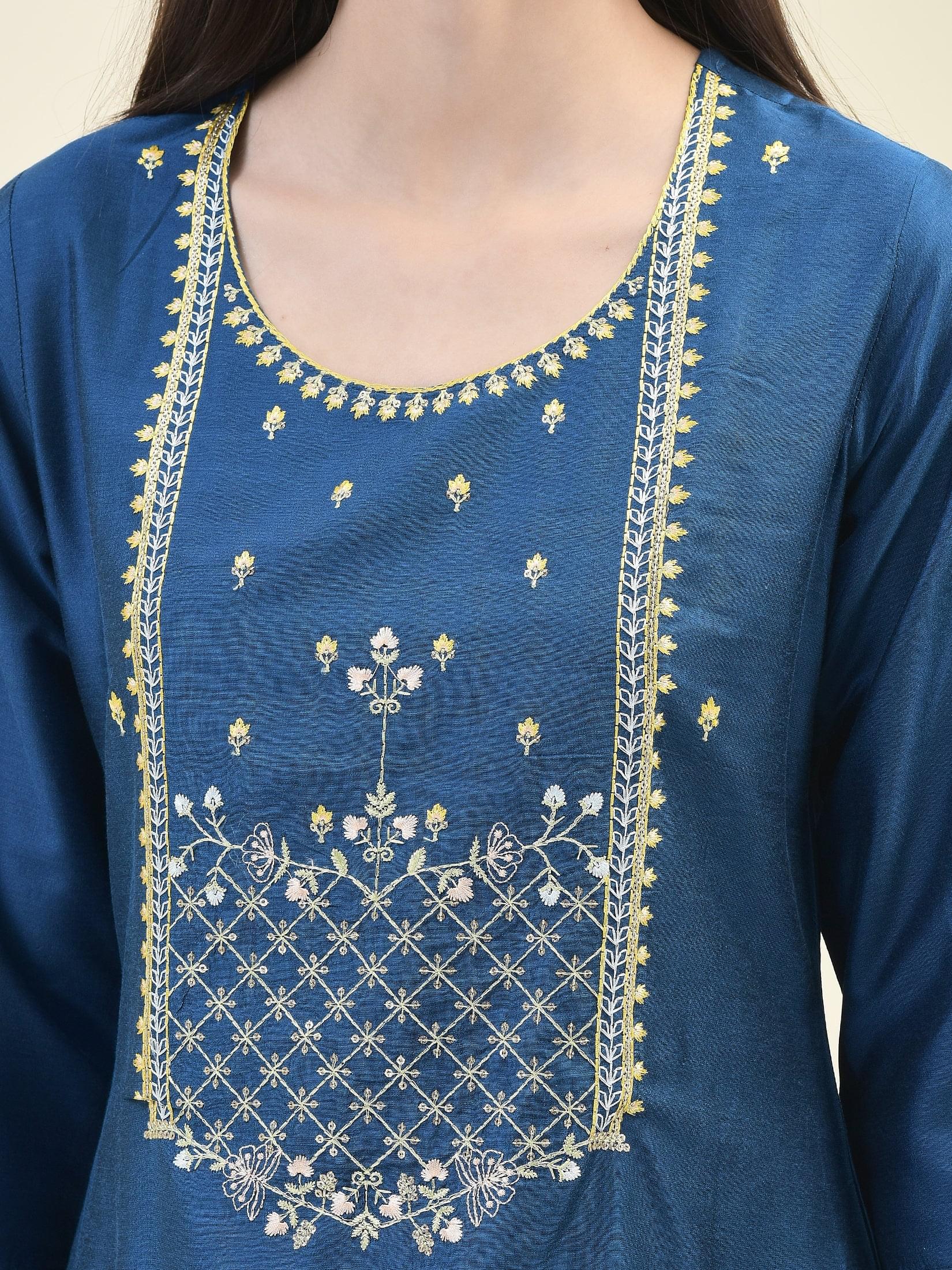 Women Silk Blend Blue Embroidered Kurta Trouser Dupatta.