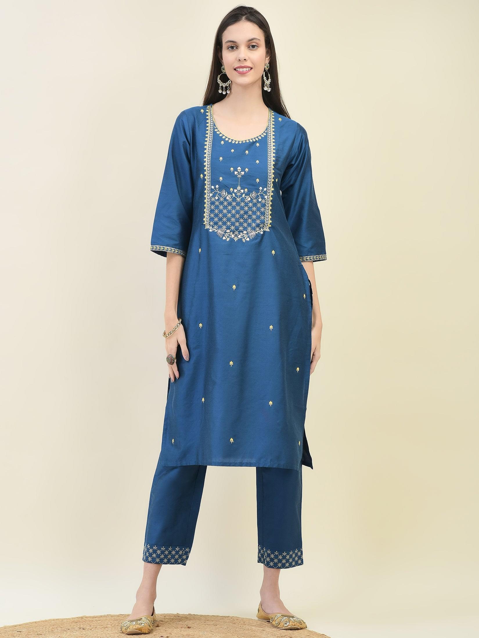 Women Silk Blend Blue Embroidered Kurta Trouser Dupatta.