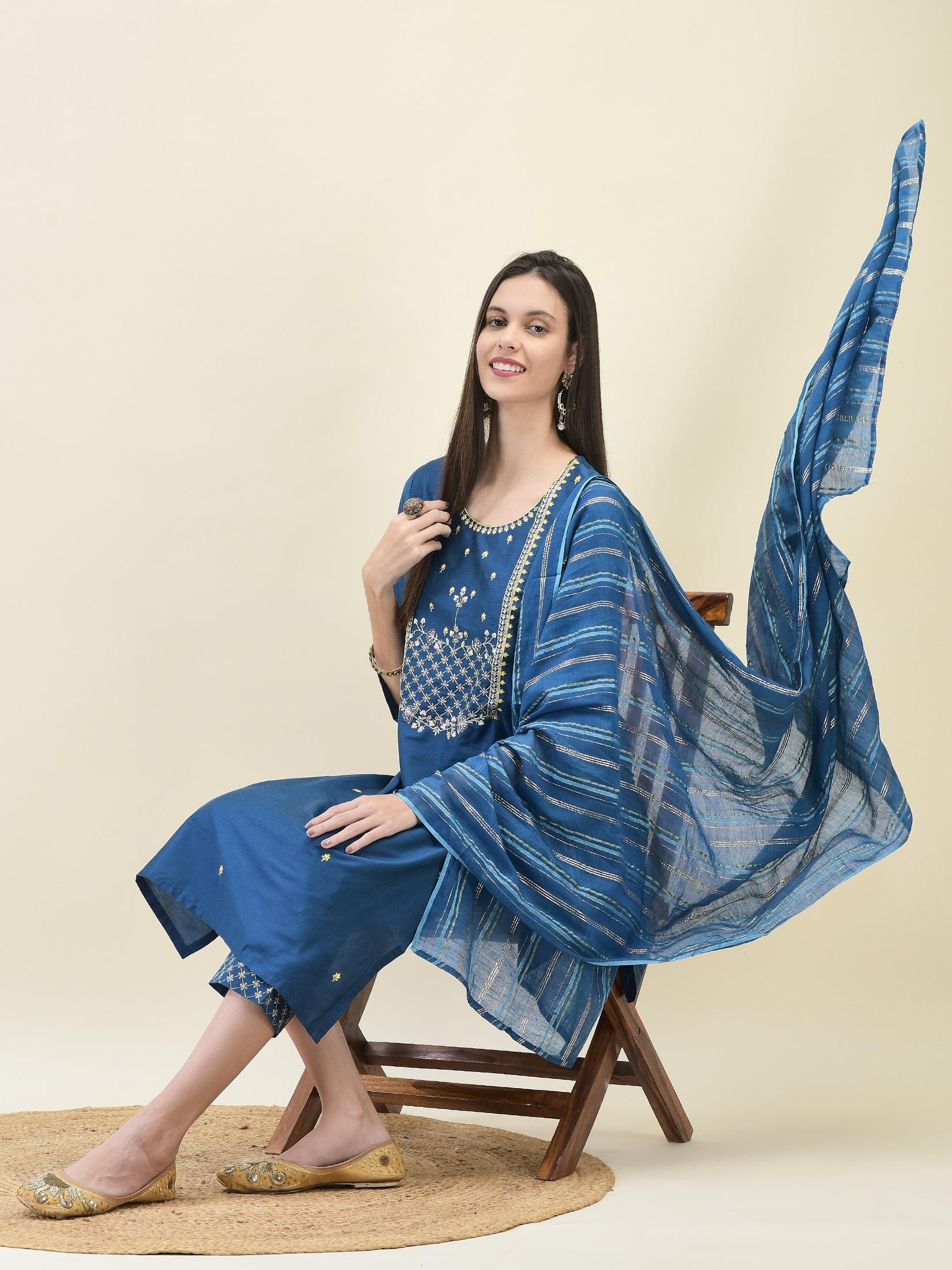 Women Silk Blend Blue Embroidered Kurta Trouser Dupatta.