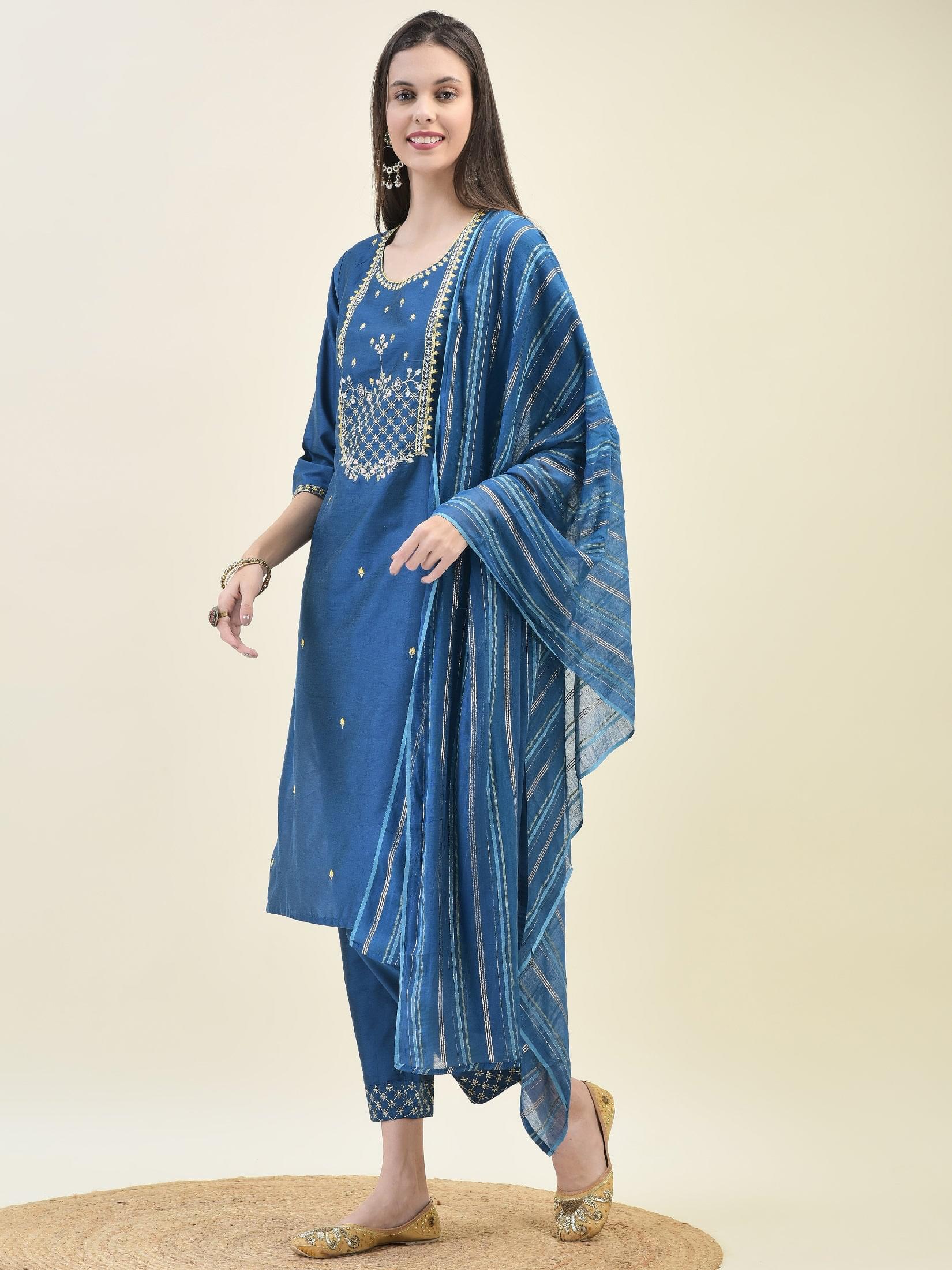 Women Silk Blend Blue Embroidered Kurta Trouser Dupatta.