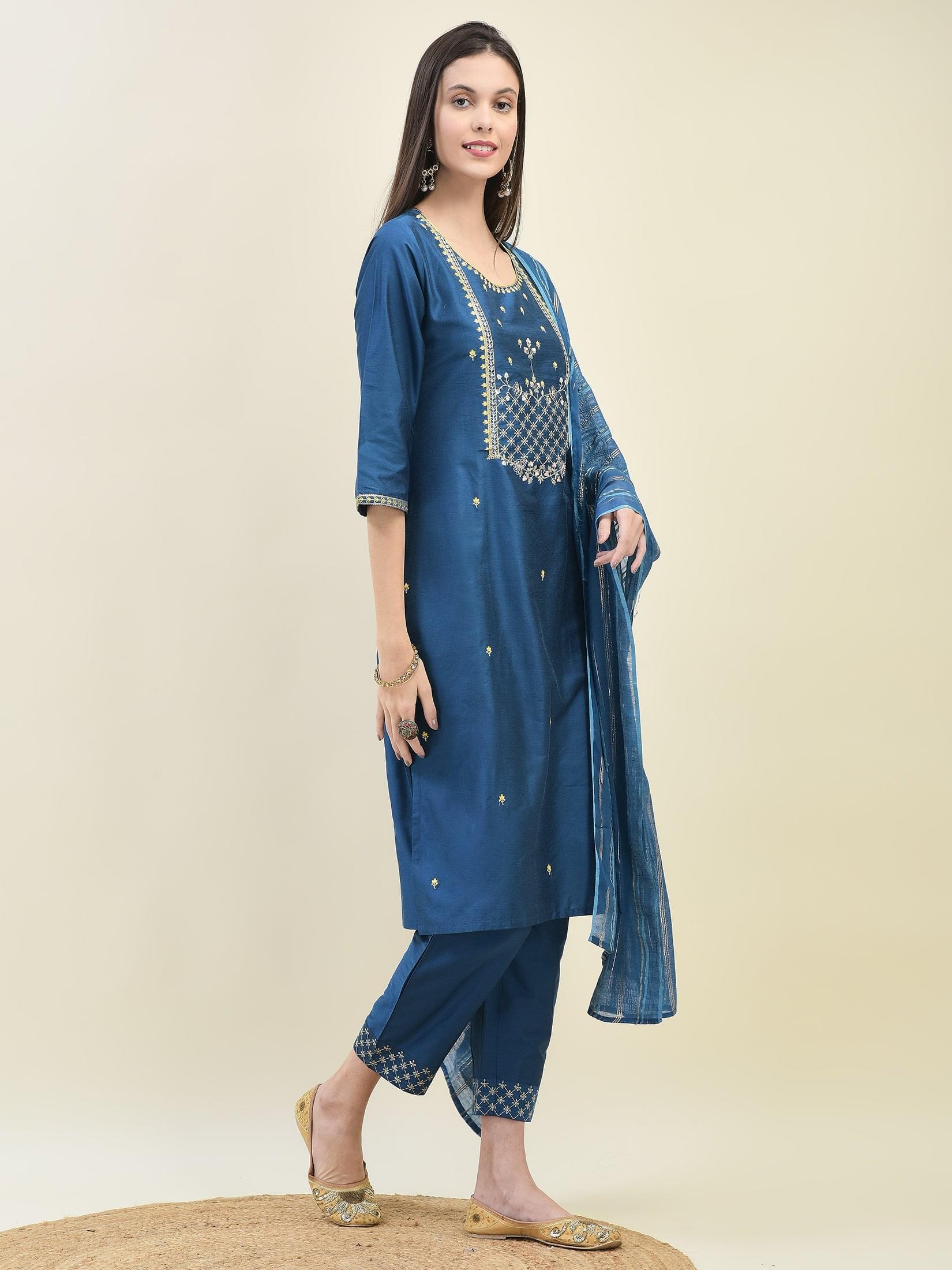 Women Silk Blend Blue Embroidered Kurta Trouser Dupatta.