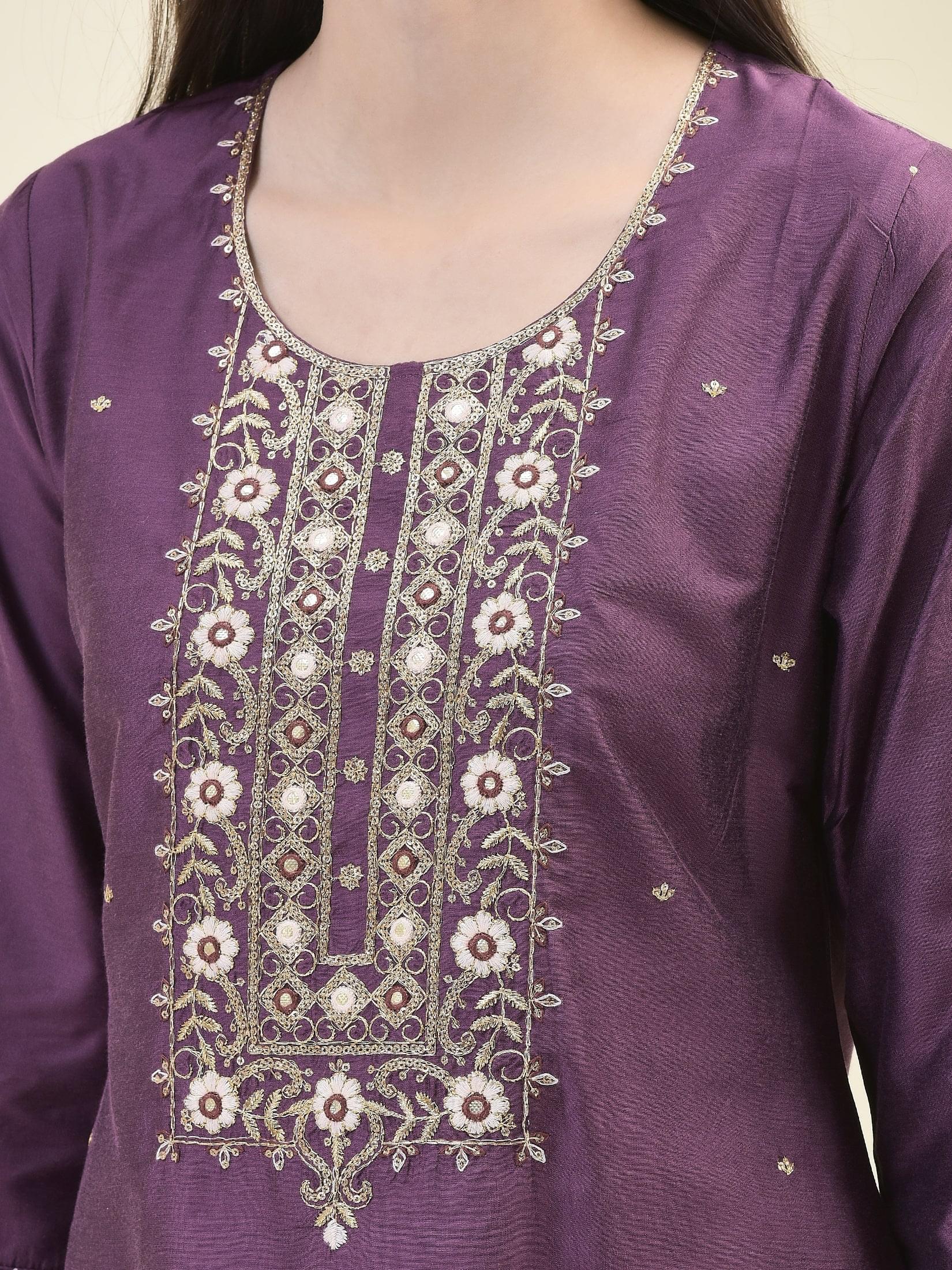 Women Silk Blend Purple Embroidered Kurta Trouser Dupatta.
