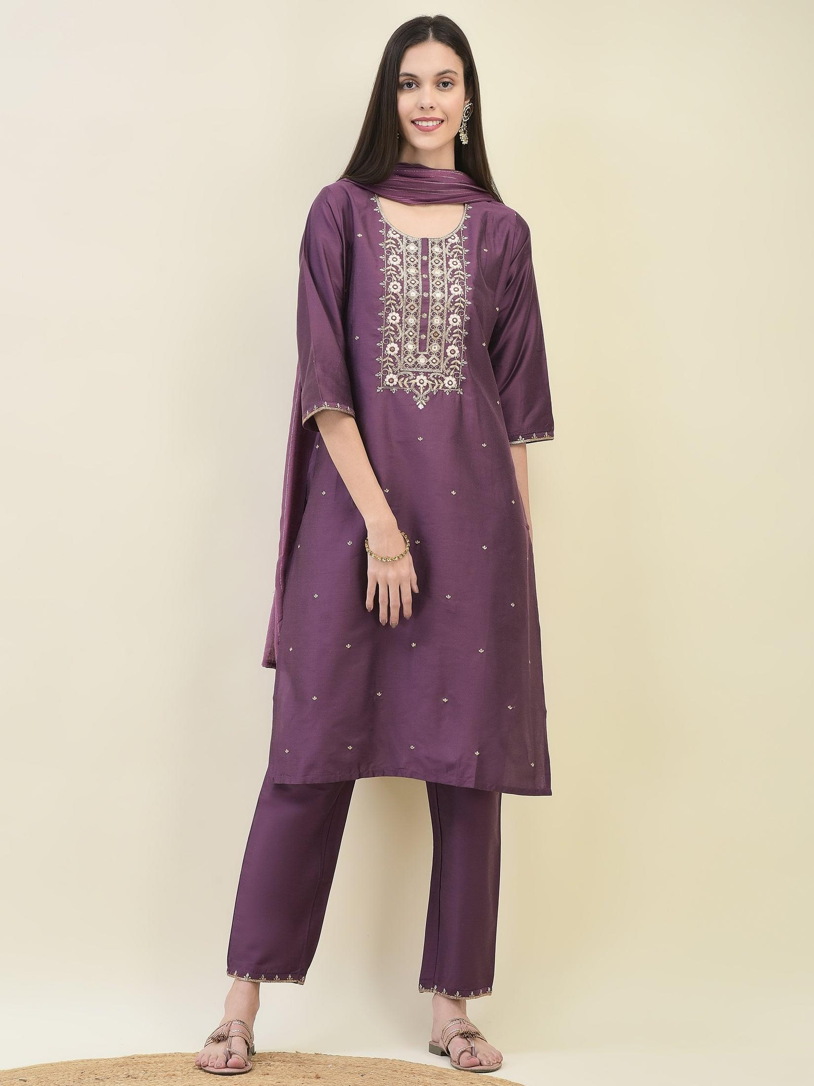 Women Silk Blend Purple Embroidered Kurta Trouser Dupatta.