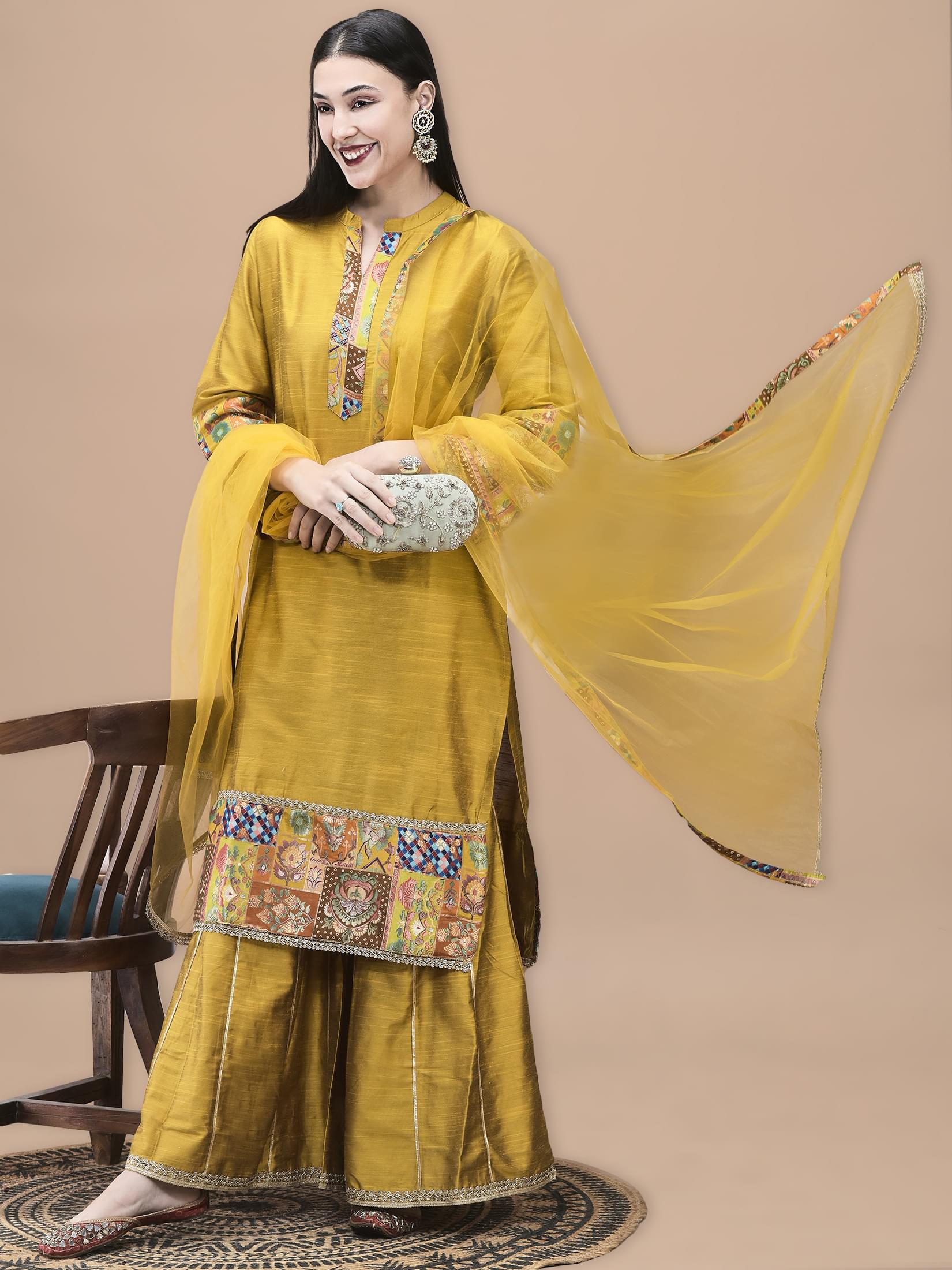 Rich mustard yellow solid tone poly silk jacquard traditional sharara suit set