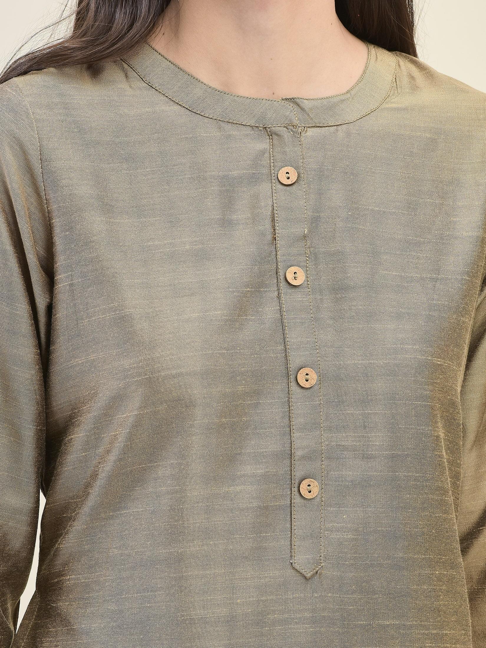 Women Silk Blend Beige Solid Kurta.