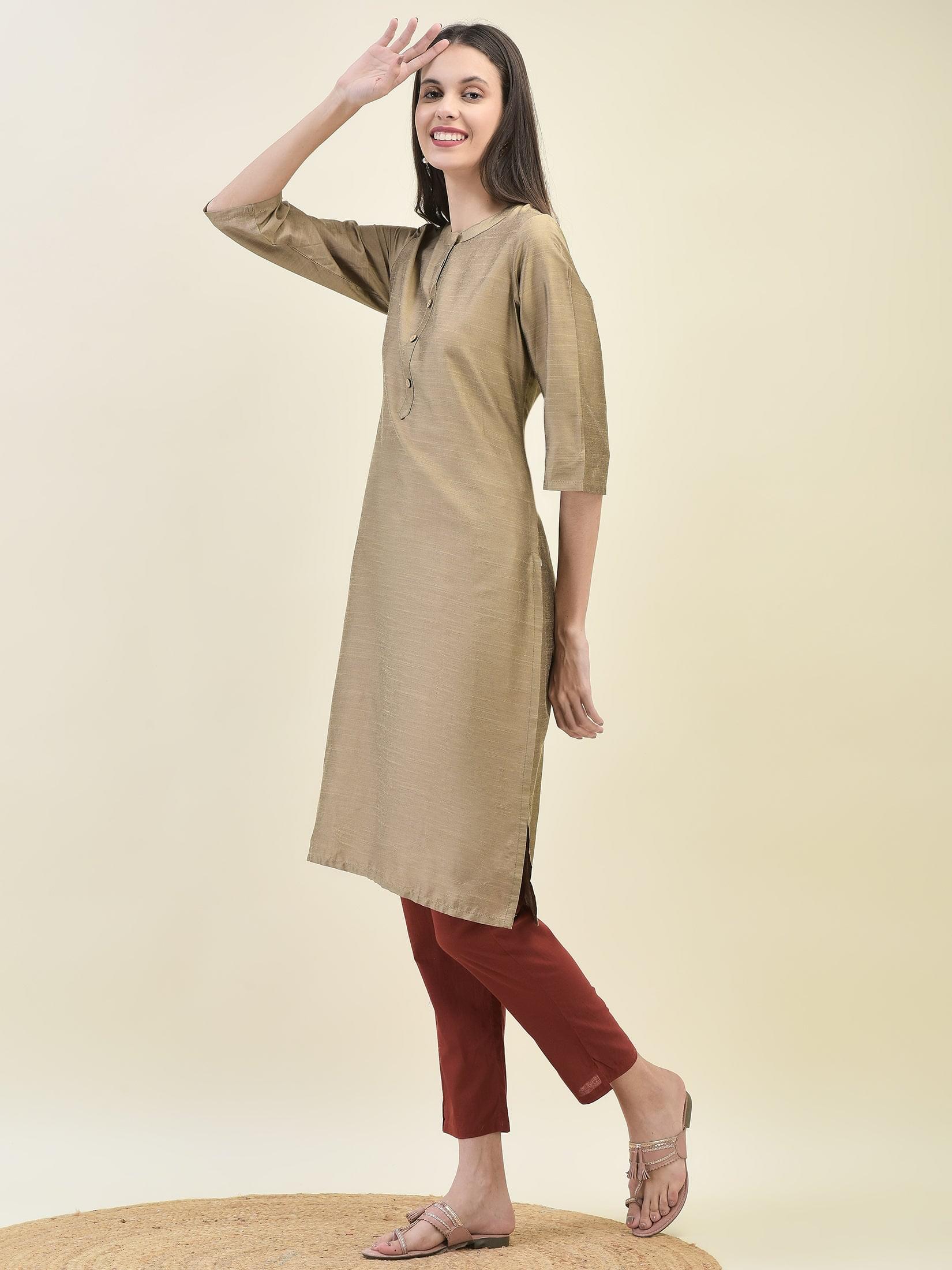 Women Silk Blend Beige Solid Kurta.
