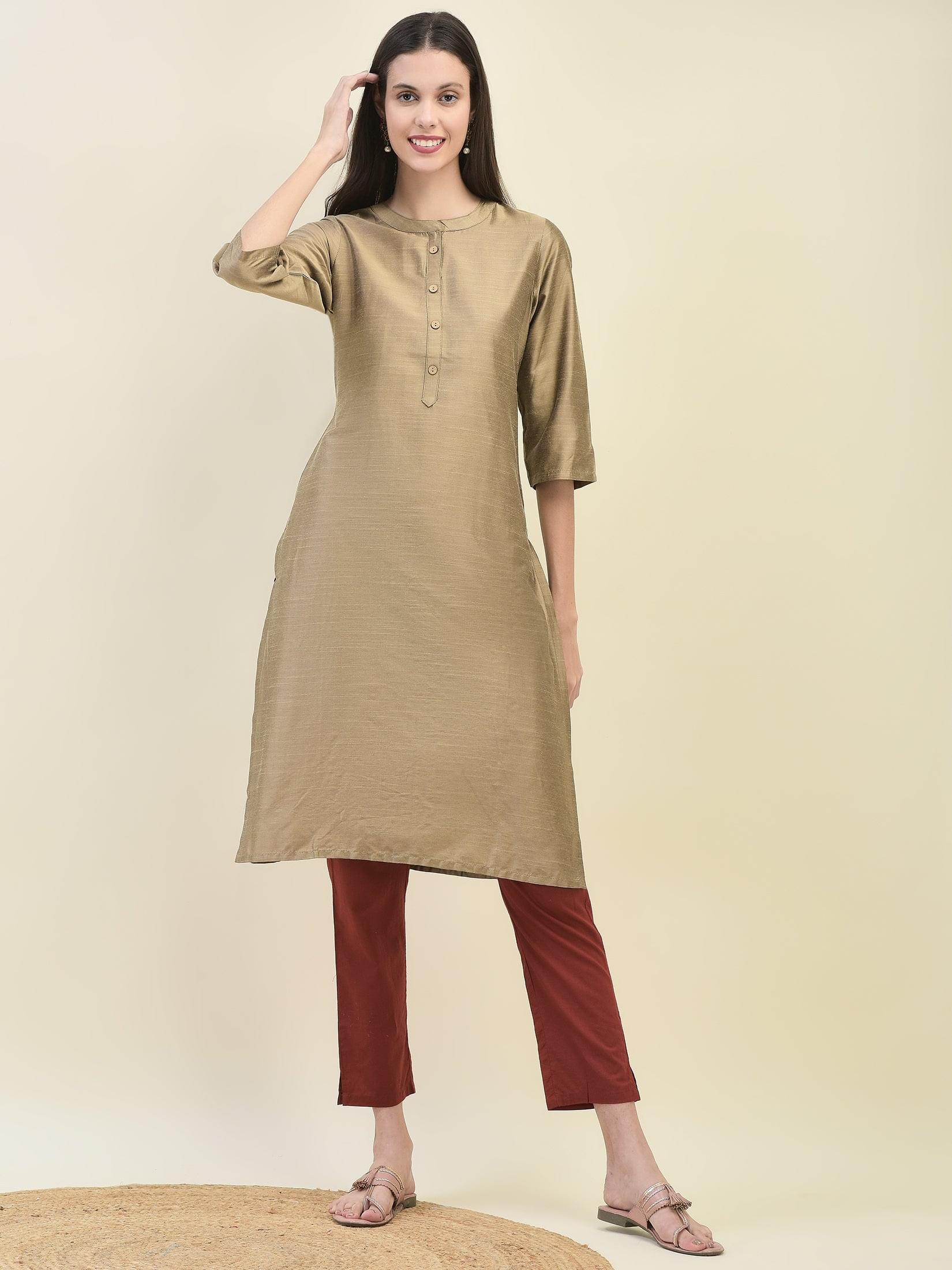 Classic beige minimal solid silk blend elegant office wear long line kurta