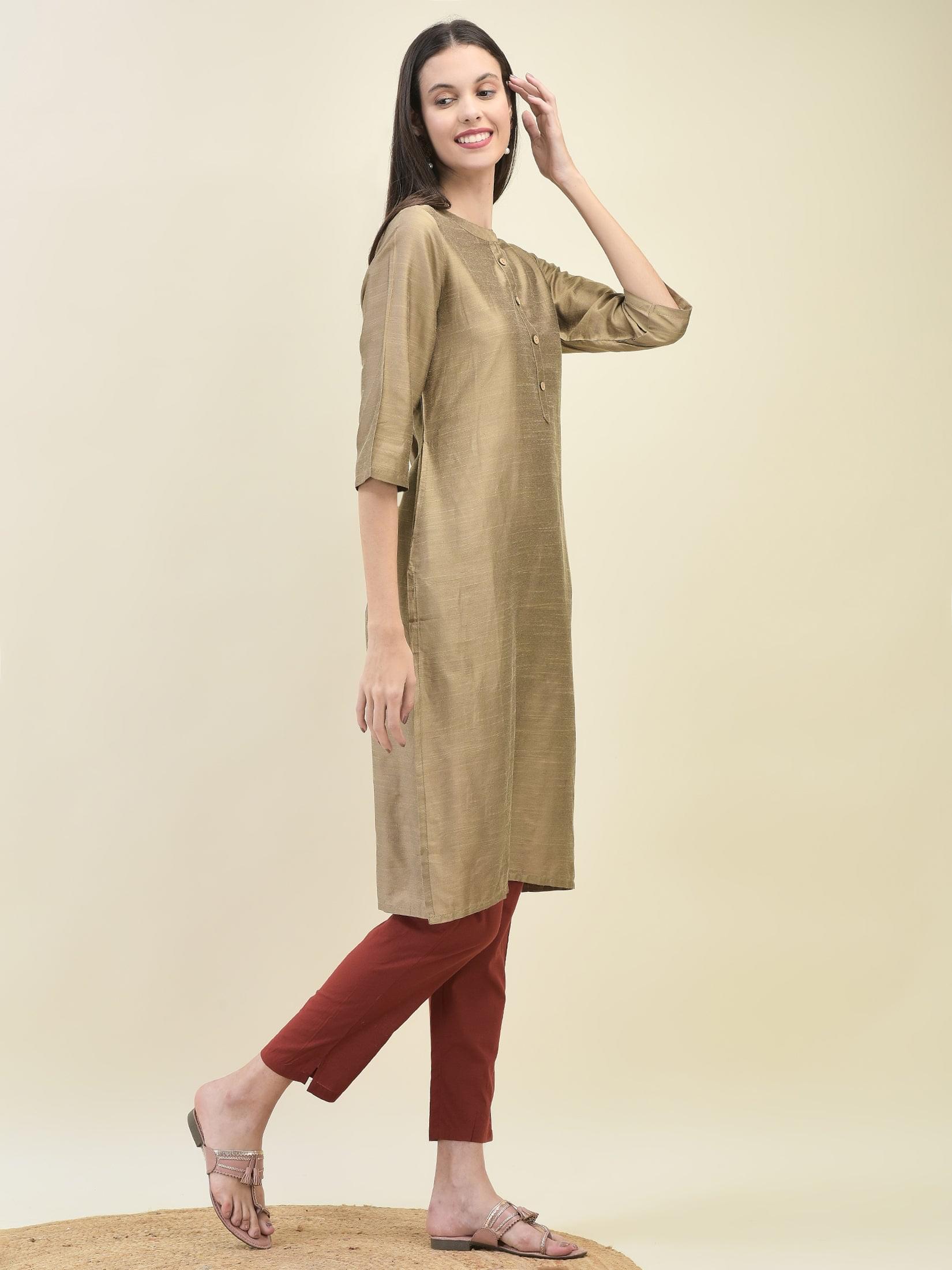 Women Silk Blend Beige Solid Kurta.