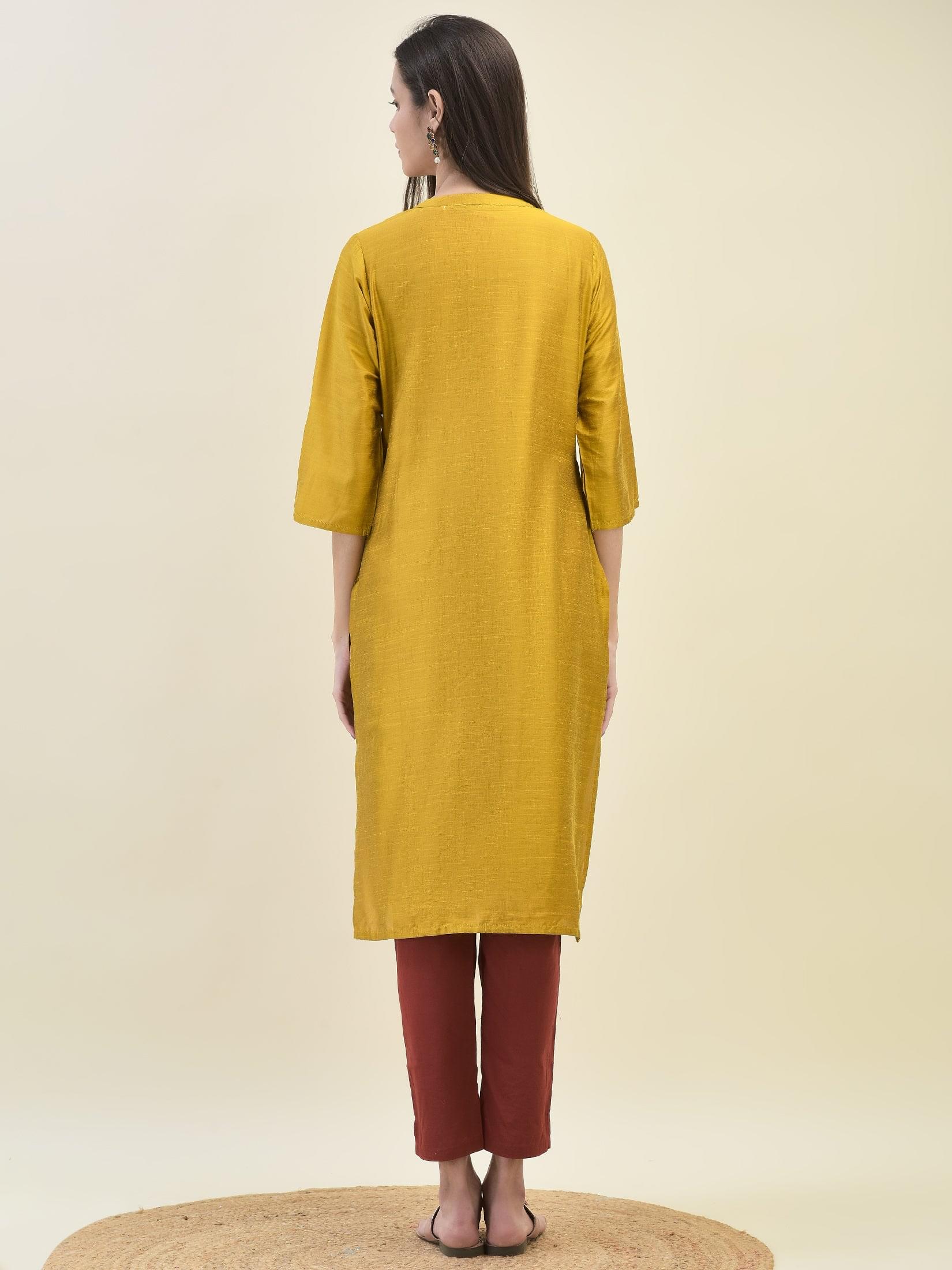 Women Silk Blend Mustard Solid Kurta.