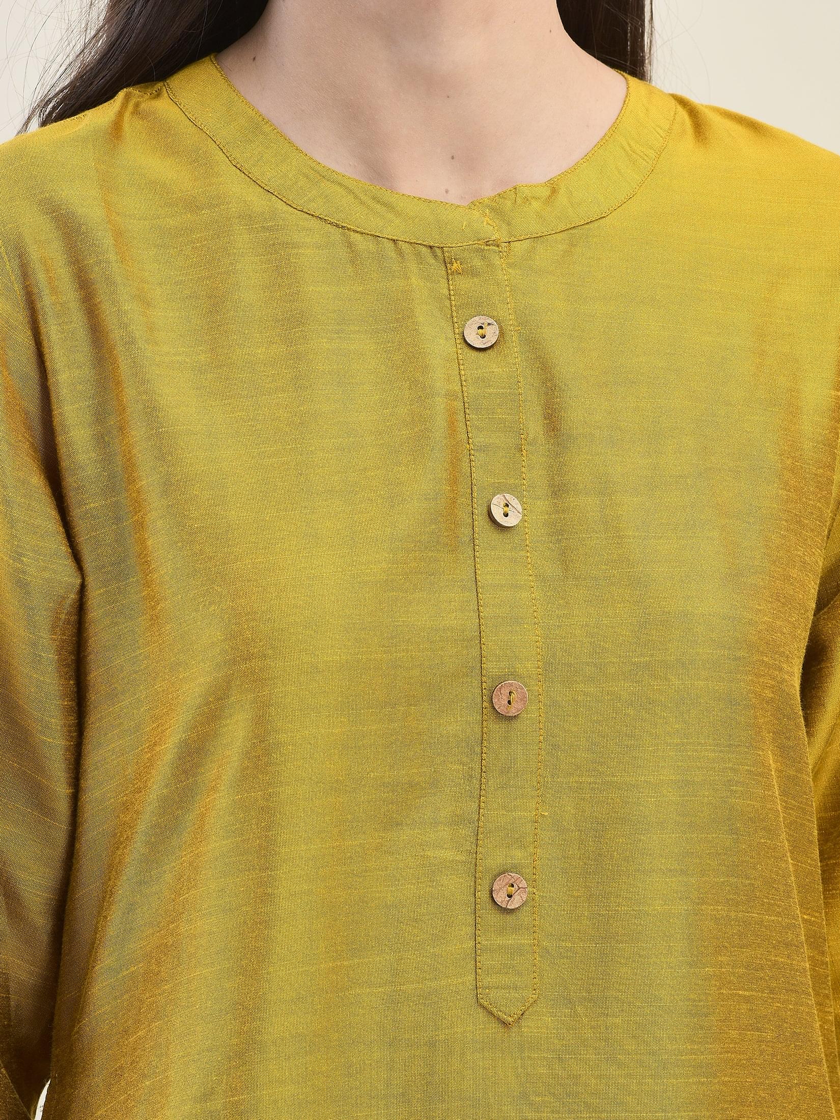 Women Silk Blend Mustard Solid Kurta.