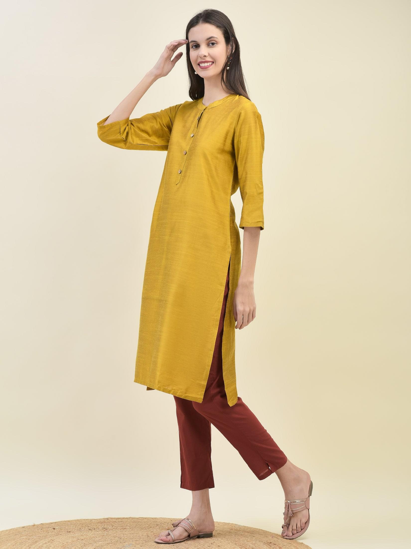 Women Silk Blend Mustard Solid Kurta.
