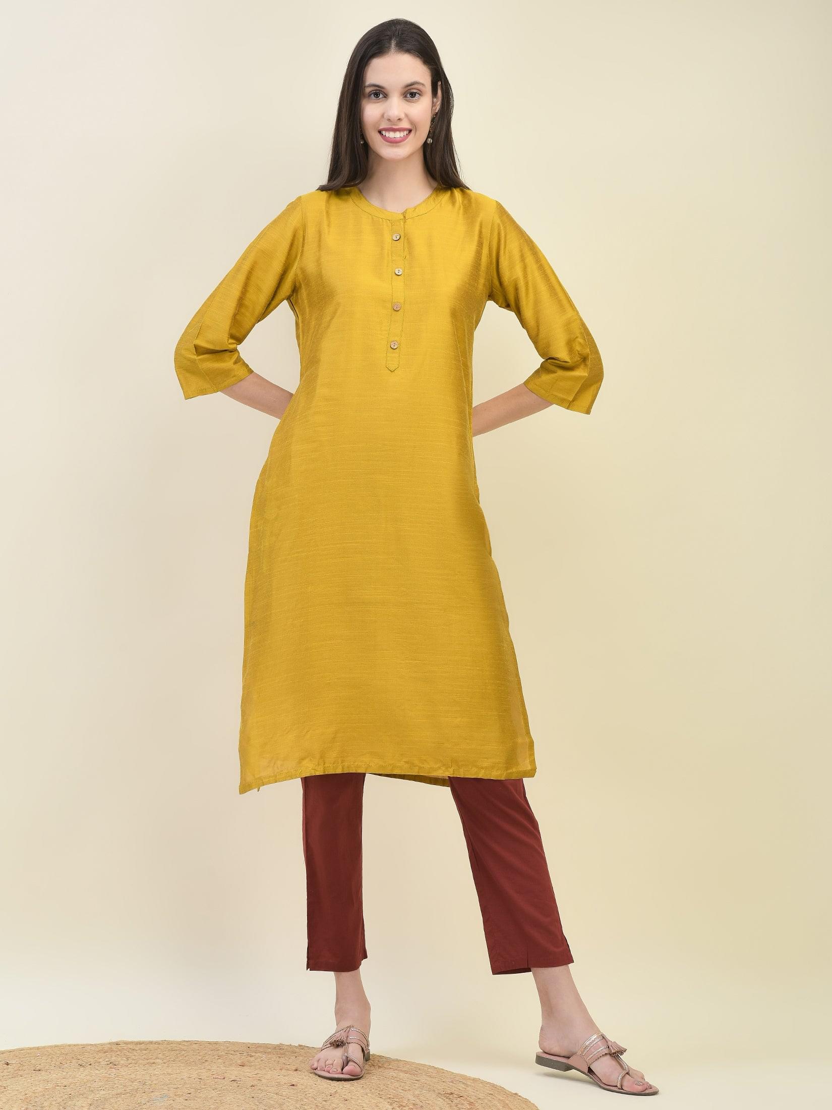 Women Silk Blend Mustard Solid Kurta.