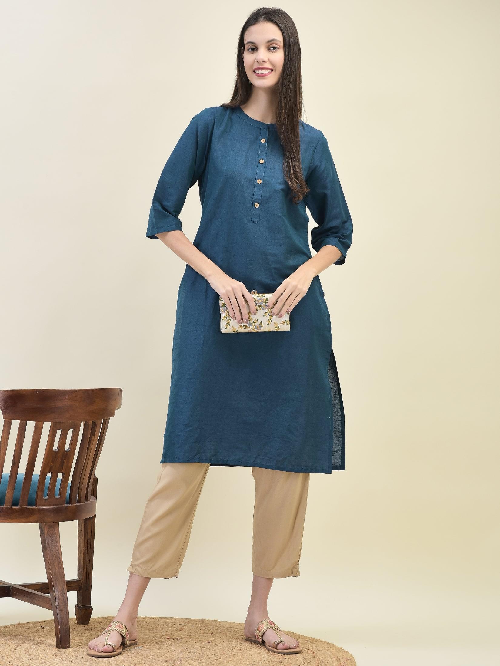 Women Silk Blend Blue Solid Kurta.
