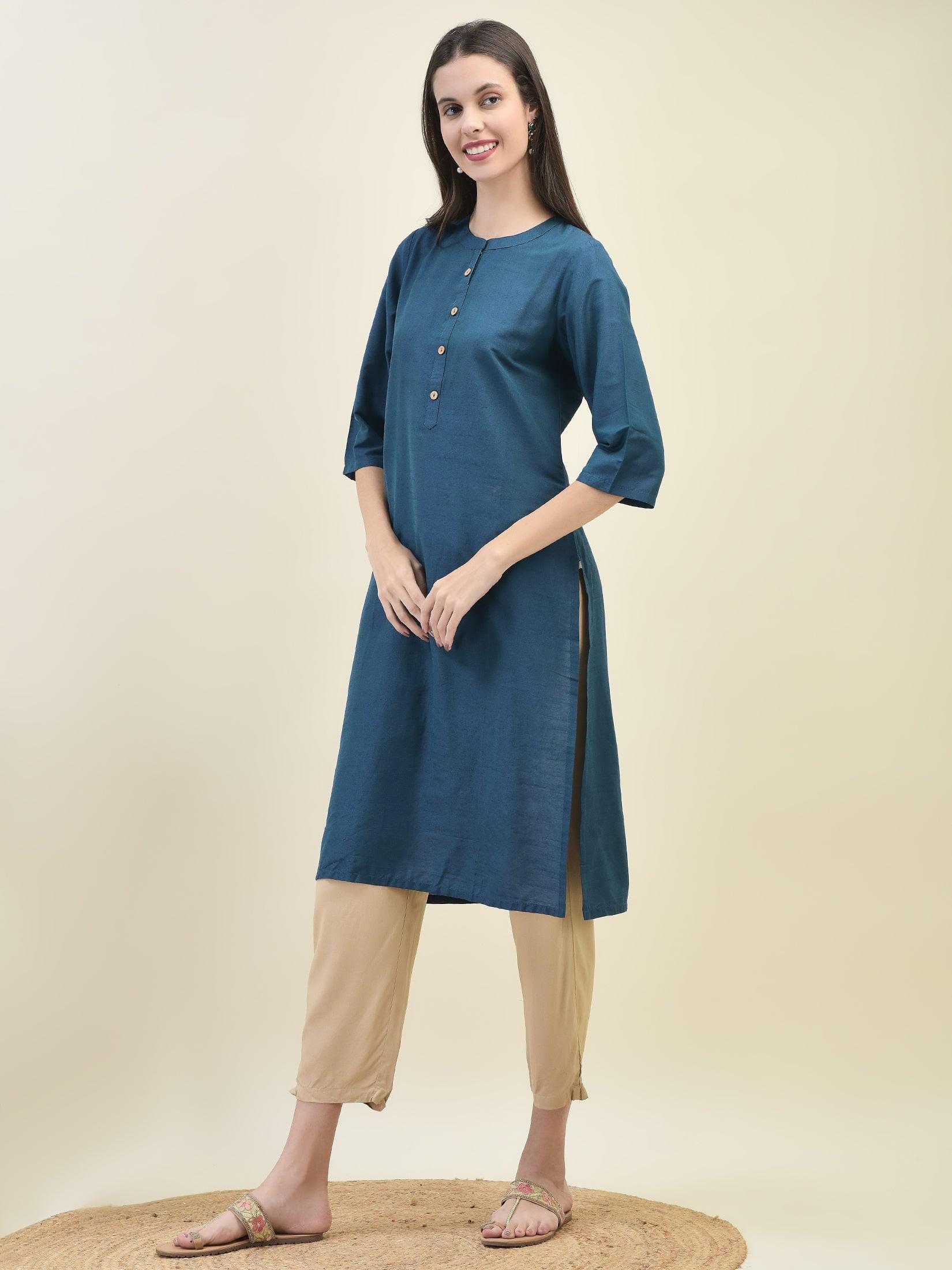 Women Silk Blend Blue Solid Kurta.
