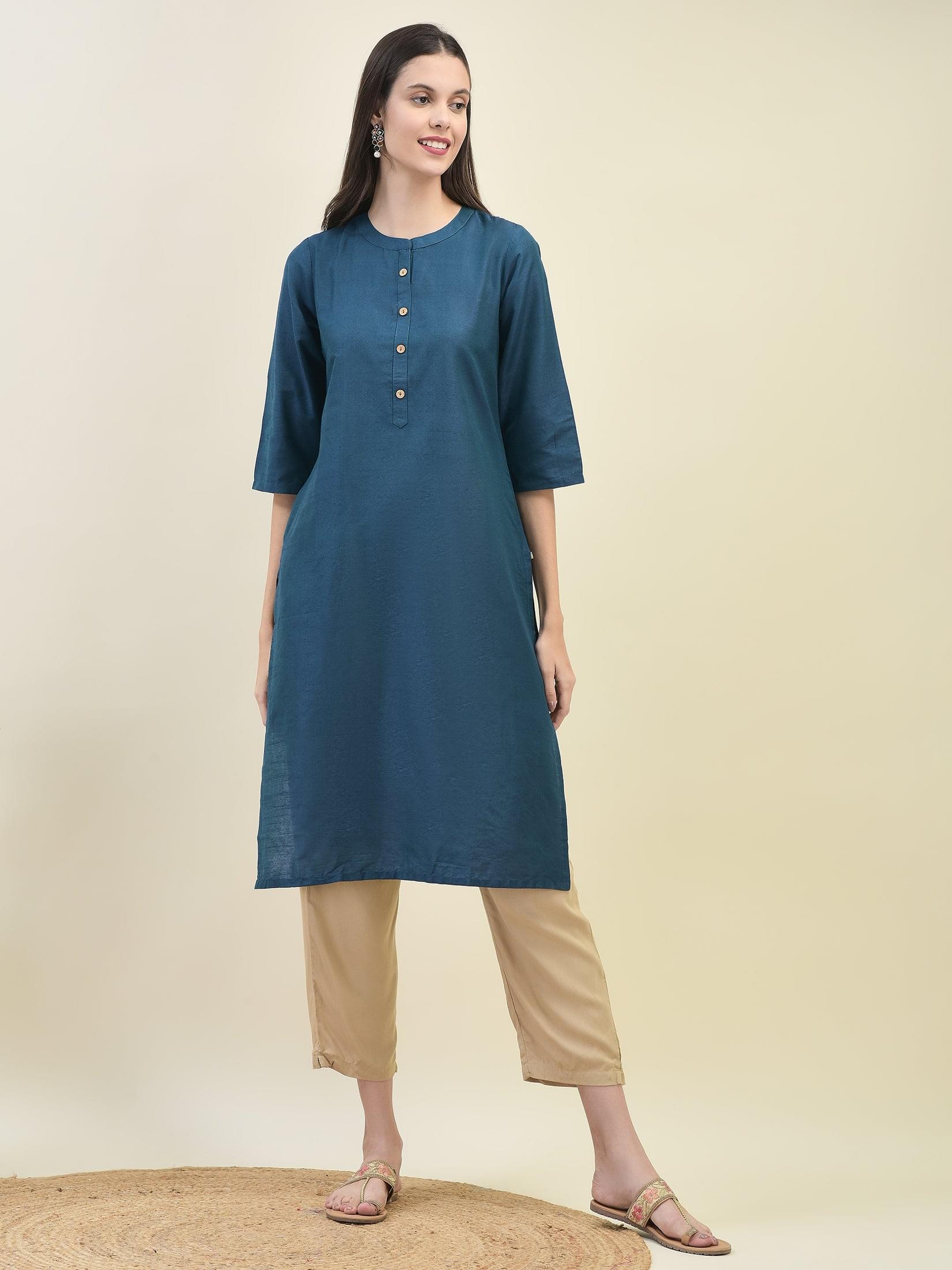 Ocean blue essential solid tone silk blend comfortable classic regular kurta