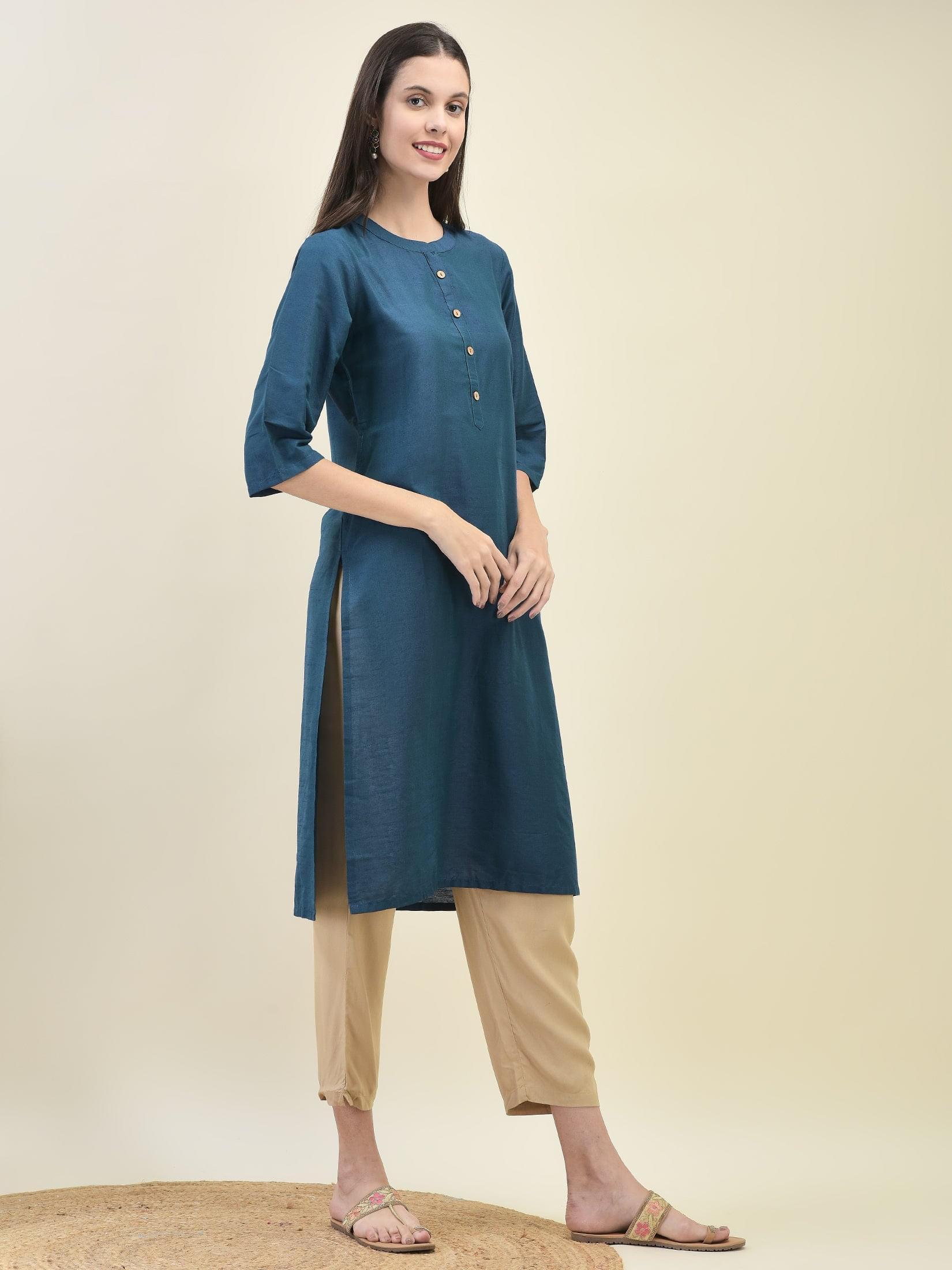 Women Silk Blend Blue Solid Kurta.