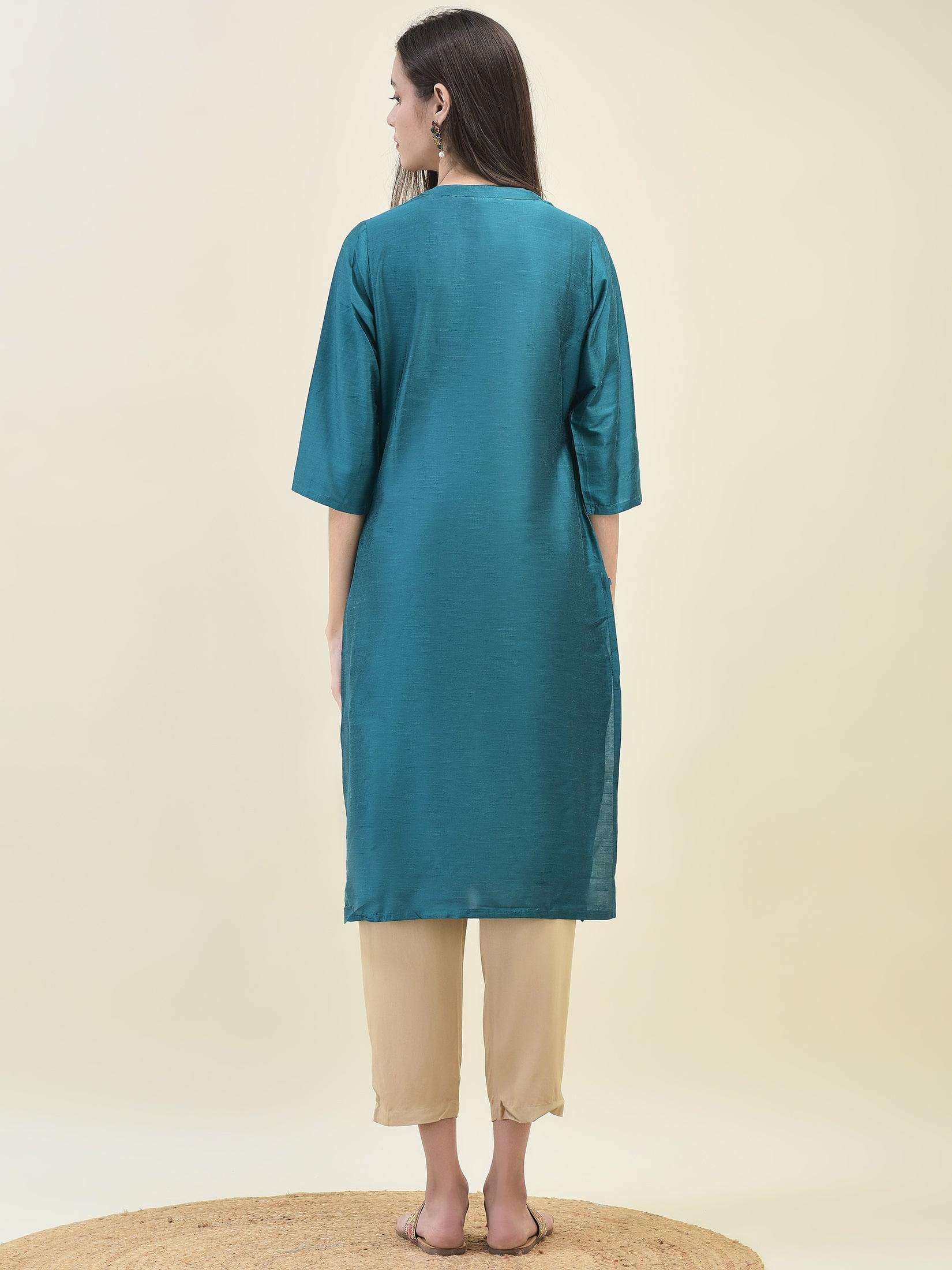 Women Silk Blend Teal Solid Kurta.
