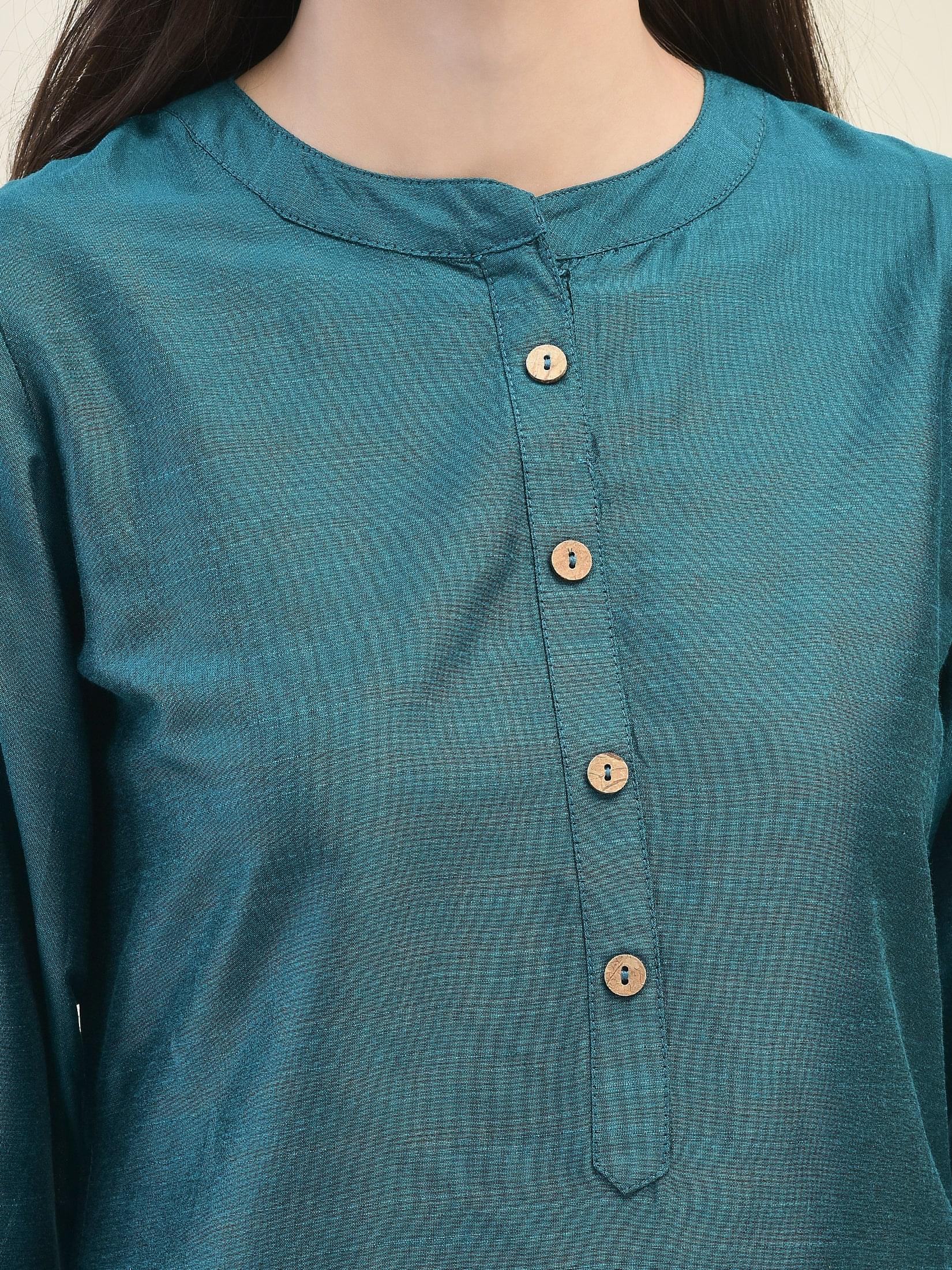 Women Silk Blend Teal Solid Kurta.