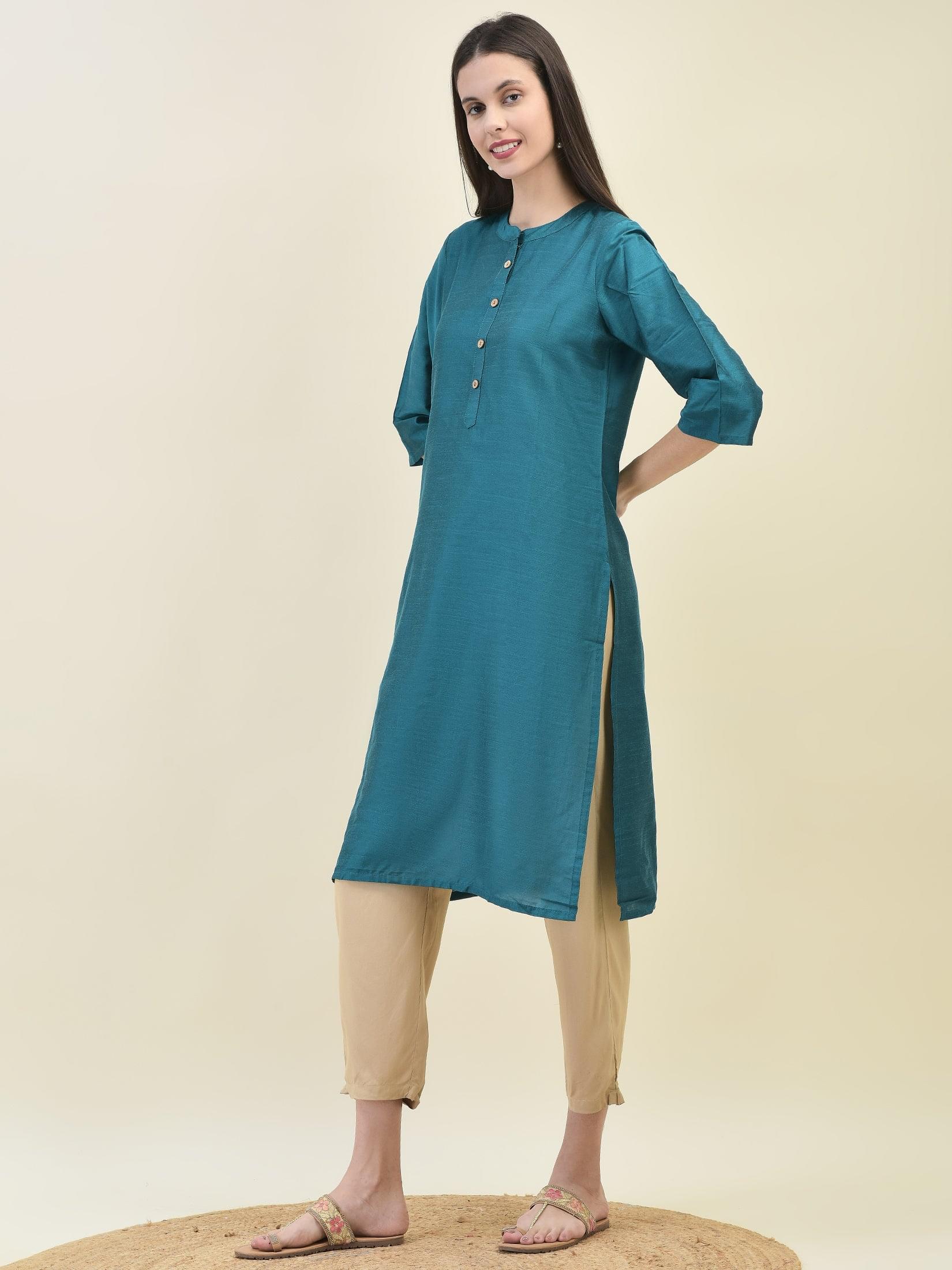 Women Silk Blend Teal Solid Kurta.
