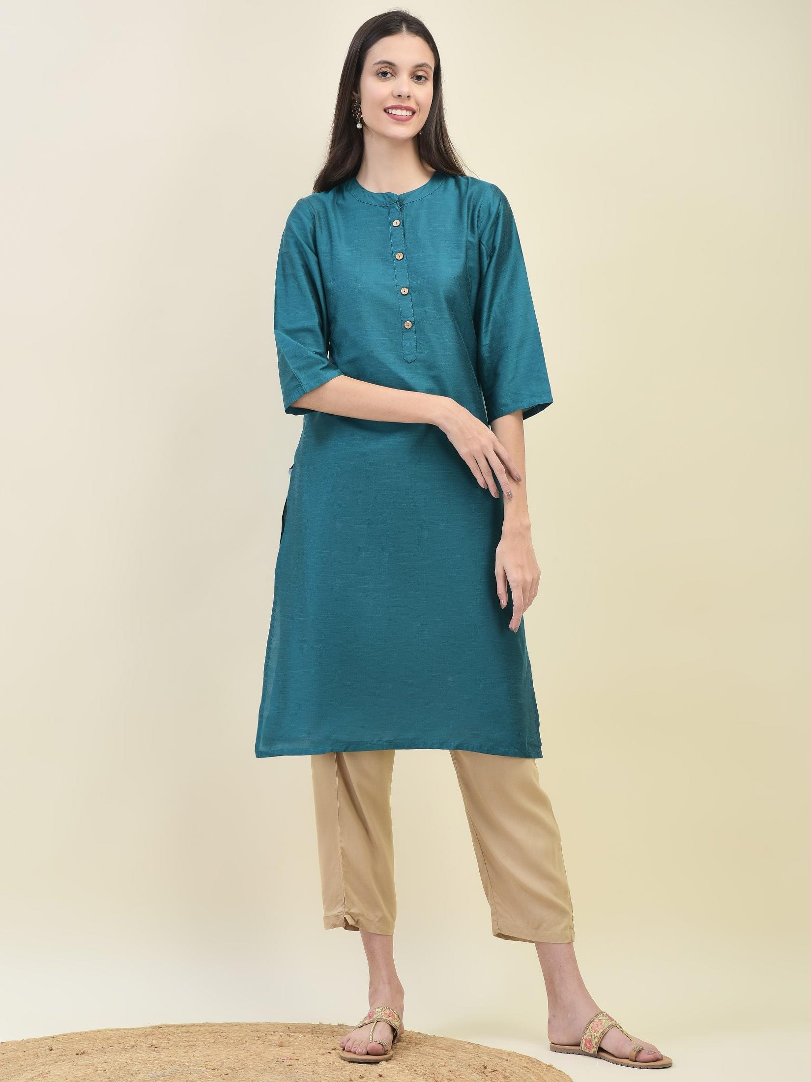 Deep teal blue solid tone premium silk blend basic regular fit straight kurta