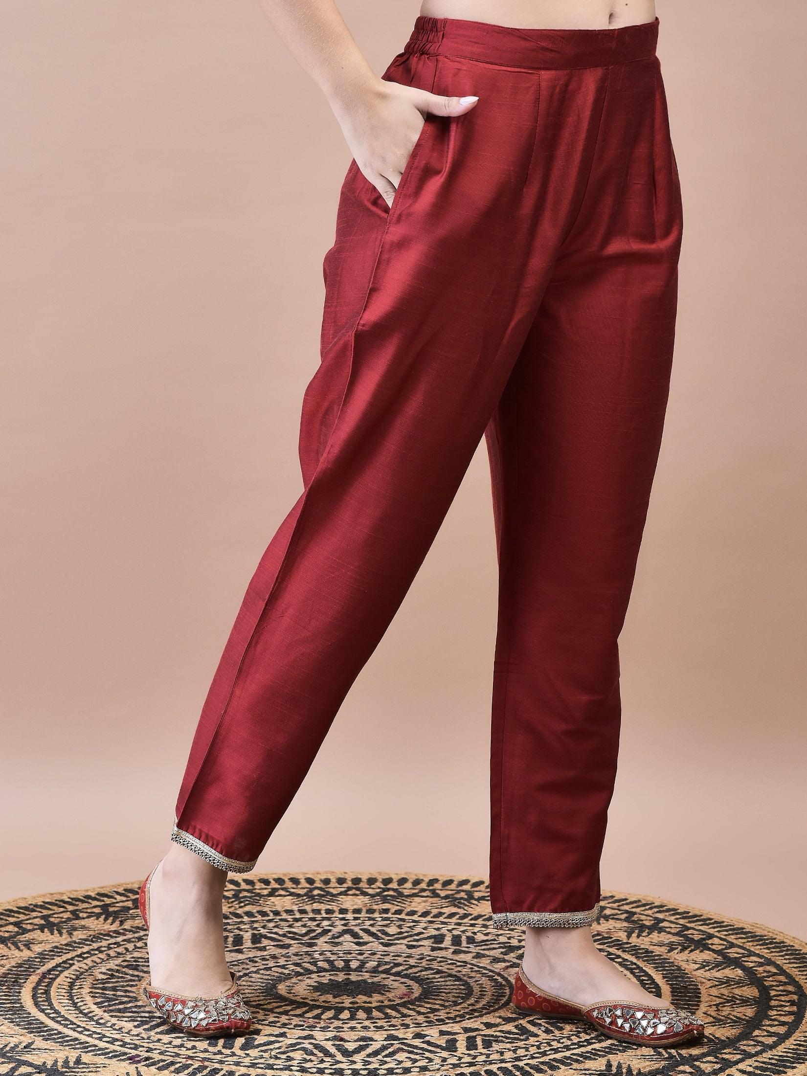 Women Silk Blend Maroon Embroidered Kurta Trouser with Dola Jacquard Dupatta.