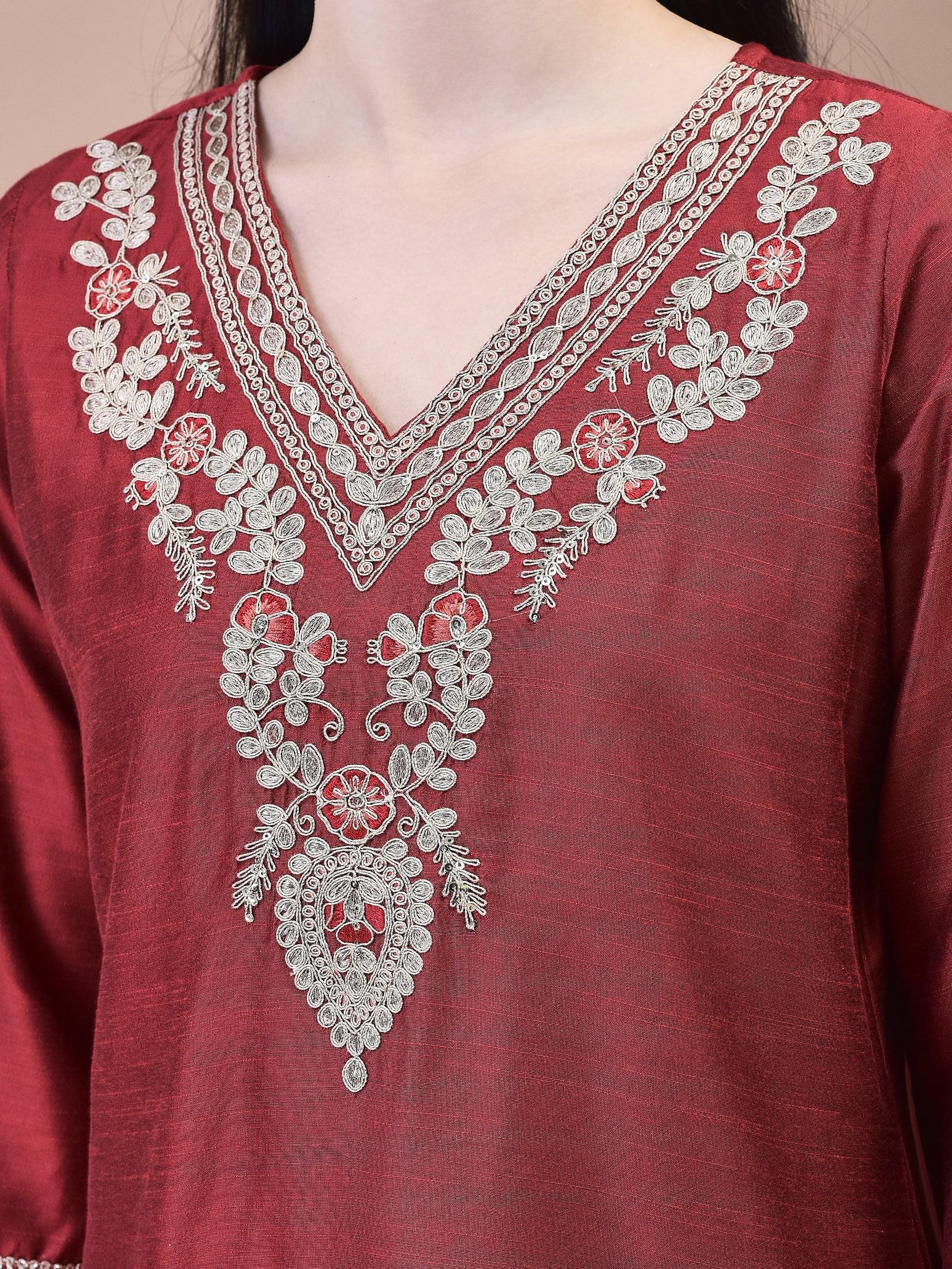 Women Silk Blend Maroon Embroidered Kurta Trouser with Dola Jacquard Dupatta.