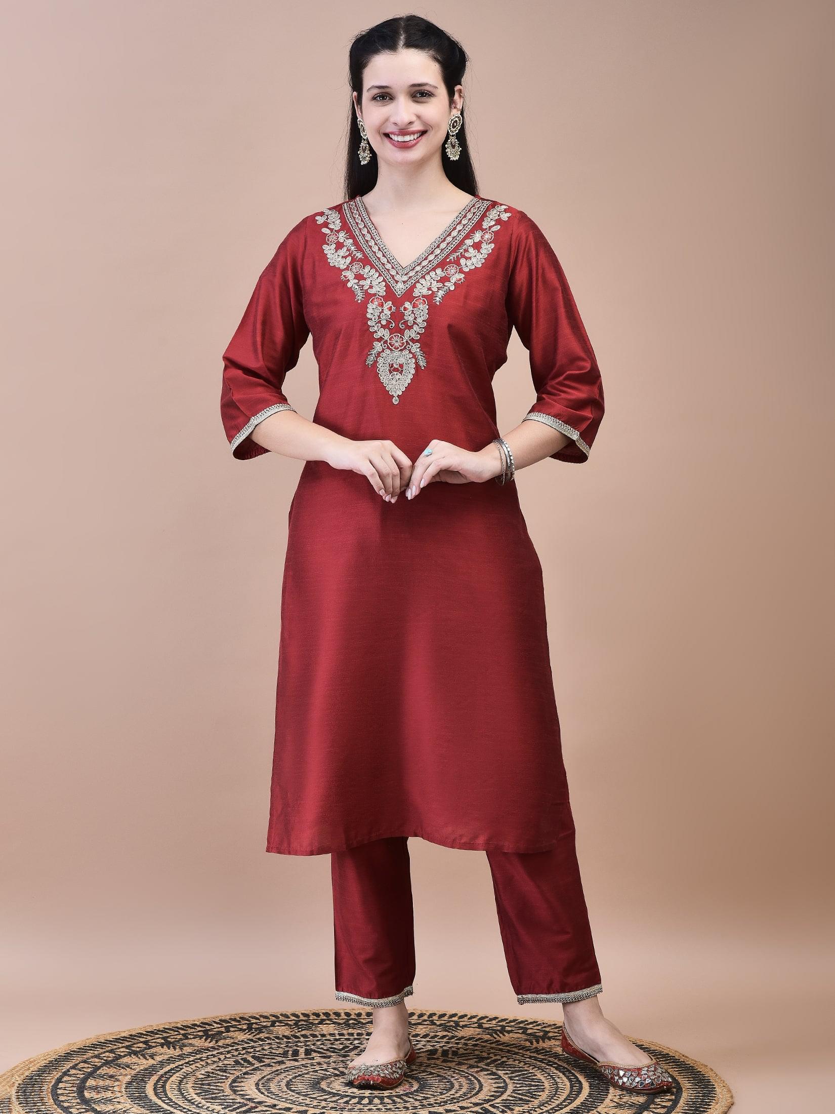 Women Silk Blend Maroon Embroidered Kurta Trouser with Dola Jacquard Dupatta.