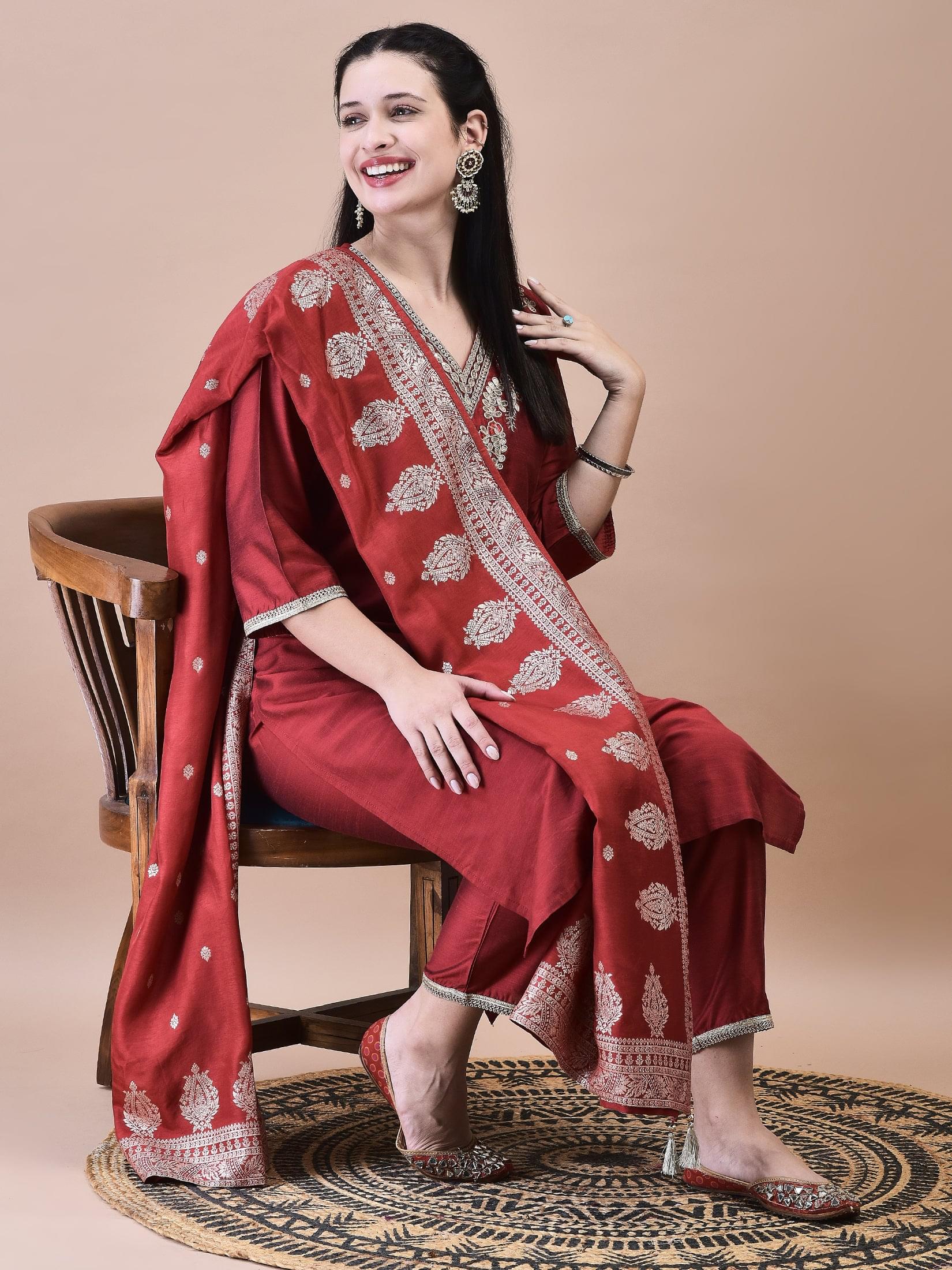 Women Silk Blend Maroon Embroidered Kurta Trouser with Dola Jacquard Dupatta.